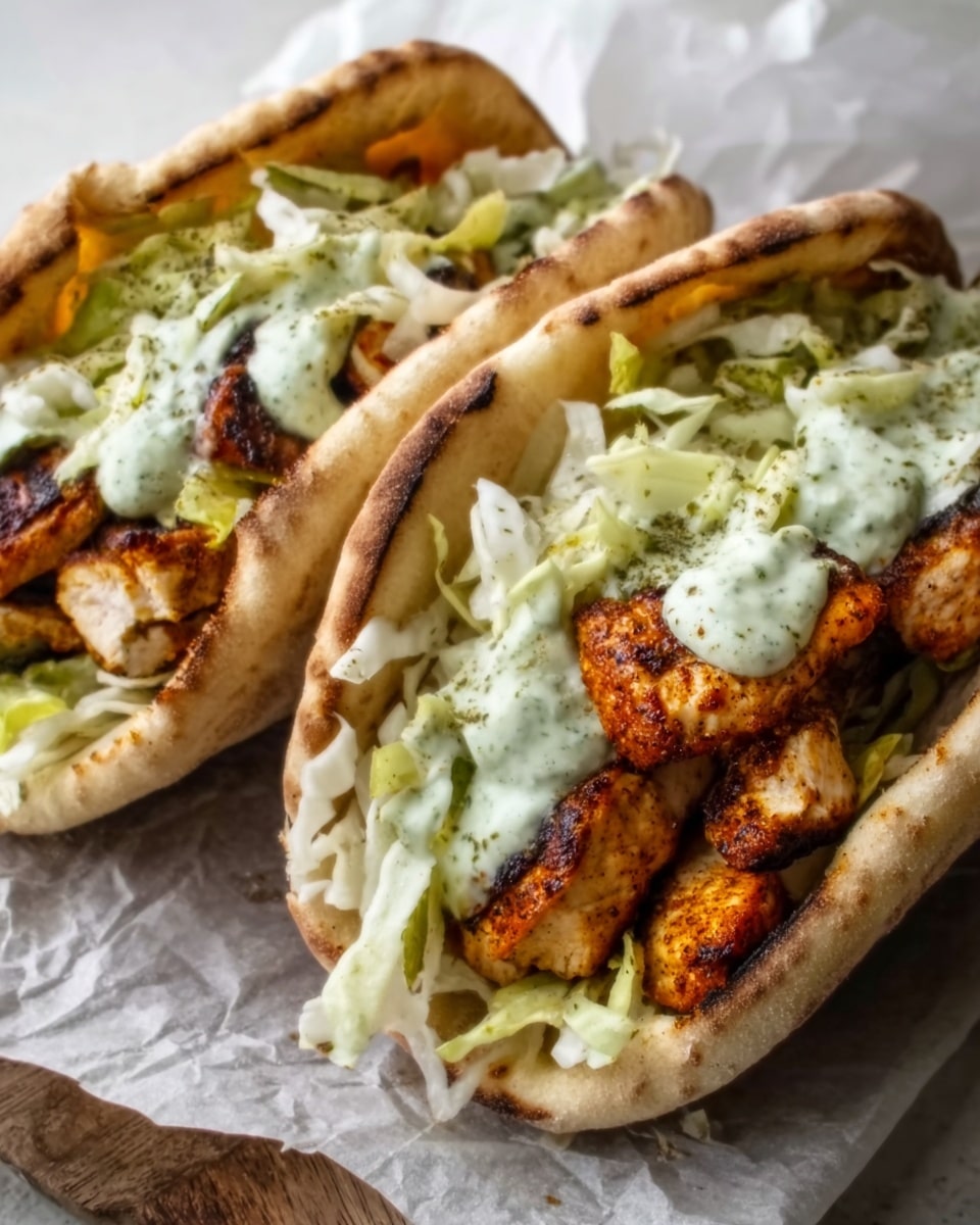 The image shows two pita sandwiches filled with golden-brown, grilled chicken chunks that have a slight char. Each pita is slightly toasted and soft brown in color, split open to hold a thick layer of shredded white cabbage or lettuce mixed with a creamy, light green sauce on top of the chicken. The sandwiches are placed on white parchment paper that rests on a white marbled surface, adding a clean and fresh look. The texture of the grilled chicken appears crispy on the edges while juicy inside, and the creamy sauce adds a smooth contrast to the crunch of the vegetables. Photo taken with an iphone --ar 4:5 --v 7