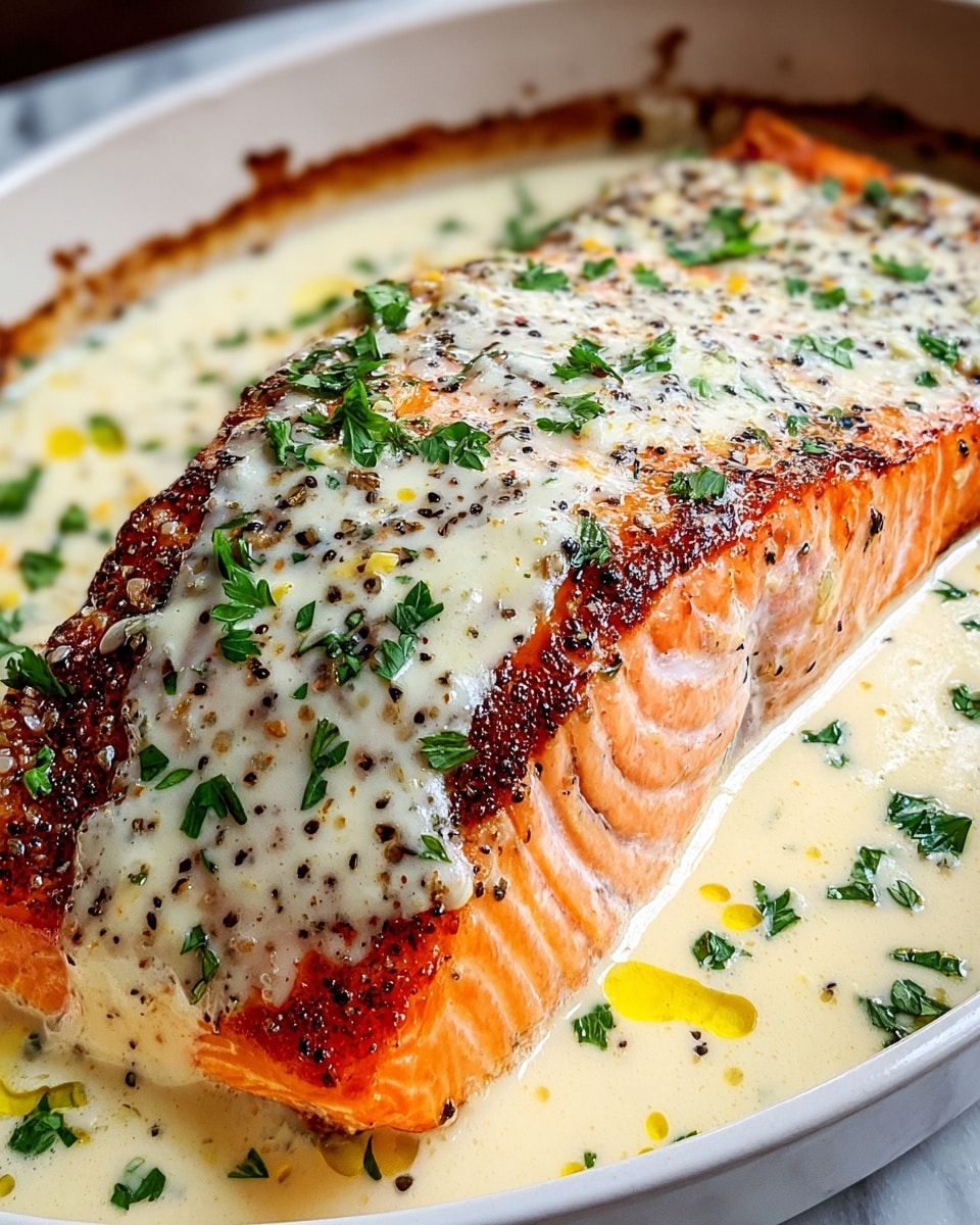 A large, cooked salmon fillet with a crispy, dark golden-brown seared skin sits in a white dish. The salmon is topped with a thick layer of creamy white sauce that has specks of black pepper and sprinkled finely chopped fresh green herbs. The sauce pools around the salmon with a shiny, smooth texture, showing small spots of oil glistening. The background features a white marbled surface. photo taken with an iphone --ar 4:5 --v 7