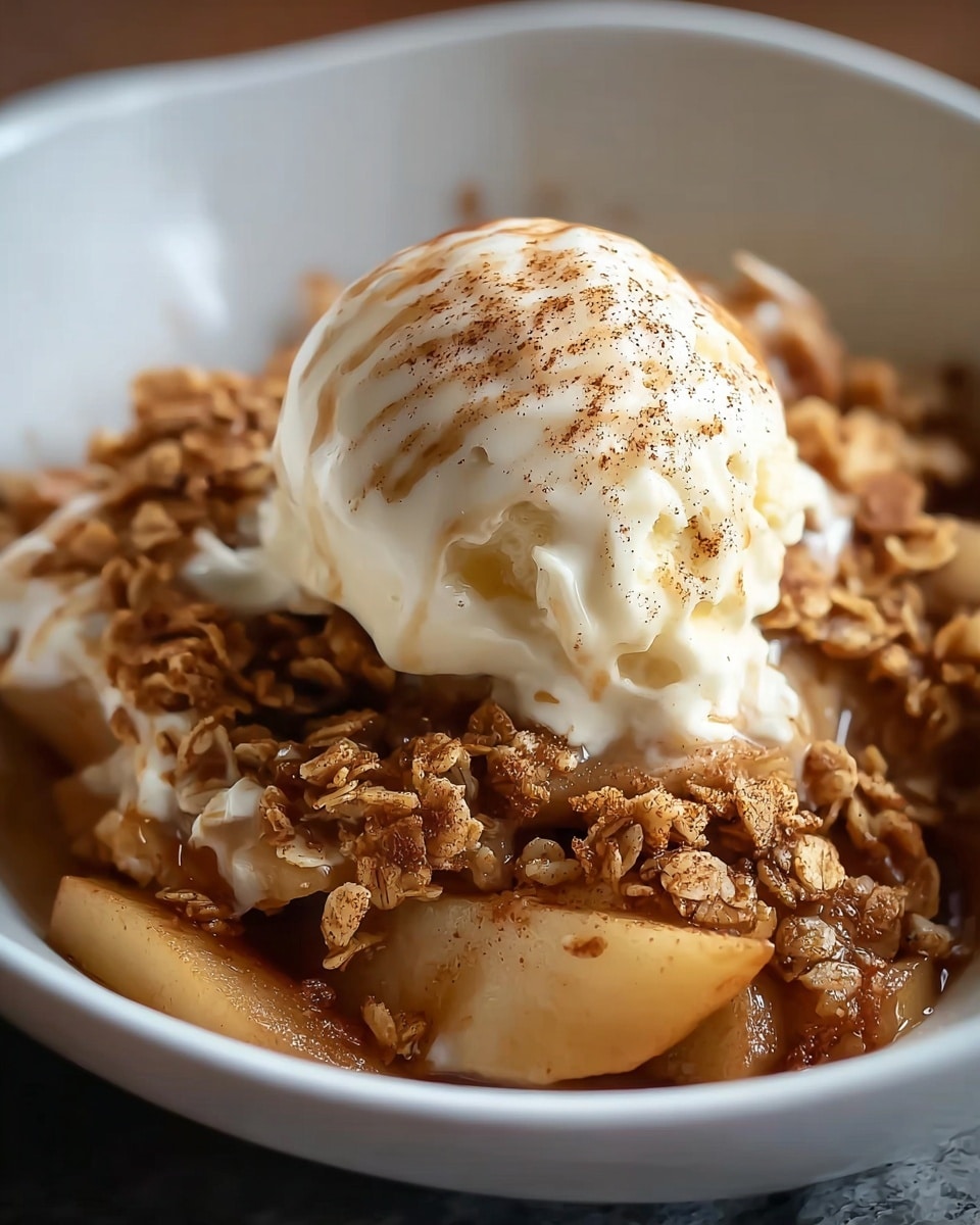 The dish shows a white bowl filled with a warm apple dessert at the bottom layer, soft, tender apple pieces covered in a cinnamon-spiced sauce with a thick oat and brown sugar crumble scattered on top. Sitting prominently on the crumble is a large scoop of creamy white vanilla ice cream, smooth with a slight melting edge flowing down onto the crumble. A light drizzle of cinnamon powder and sauce decorates the ice cream in gentle stripes, adding warmth and texture. The entire dish rests on a white marbled surface, giving a clean, bright look to the warm, textured dessert. photo taken with an iphone --ar 4:5 --v 7