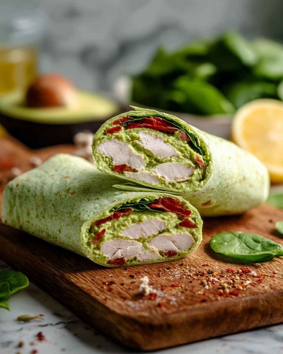 A wrap cut in half and stacked on a wooden board, each half showing three clear layers: the outside light green spinach tortilla with a soft and speckled texture, the middle layer of fresh bright green spinach leaves, and the inner filling made of creamy pale green avocado spread mixed with chunks of white cooked chicken breast and up to five pieces of halved red cherry tomatoes evenly distributed inside. The background includes a blurred halved avocado, lemon wedge, and scattered spinach leaves on a white marbled surface. Photo taken with an iphone --ar 4:5 --v 7