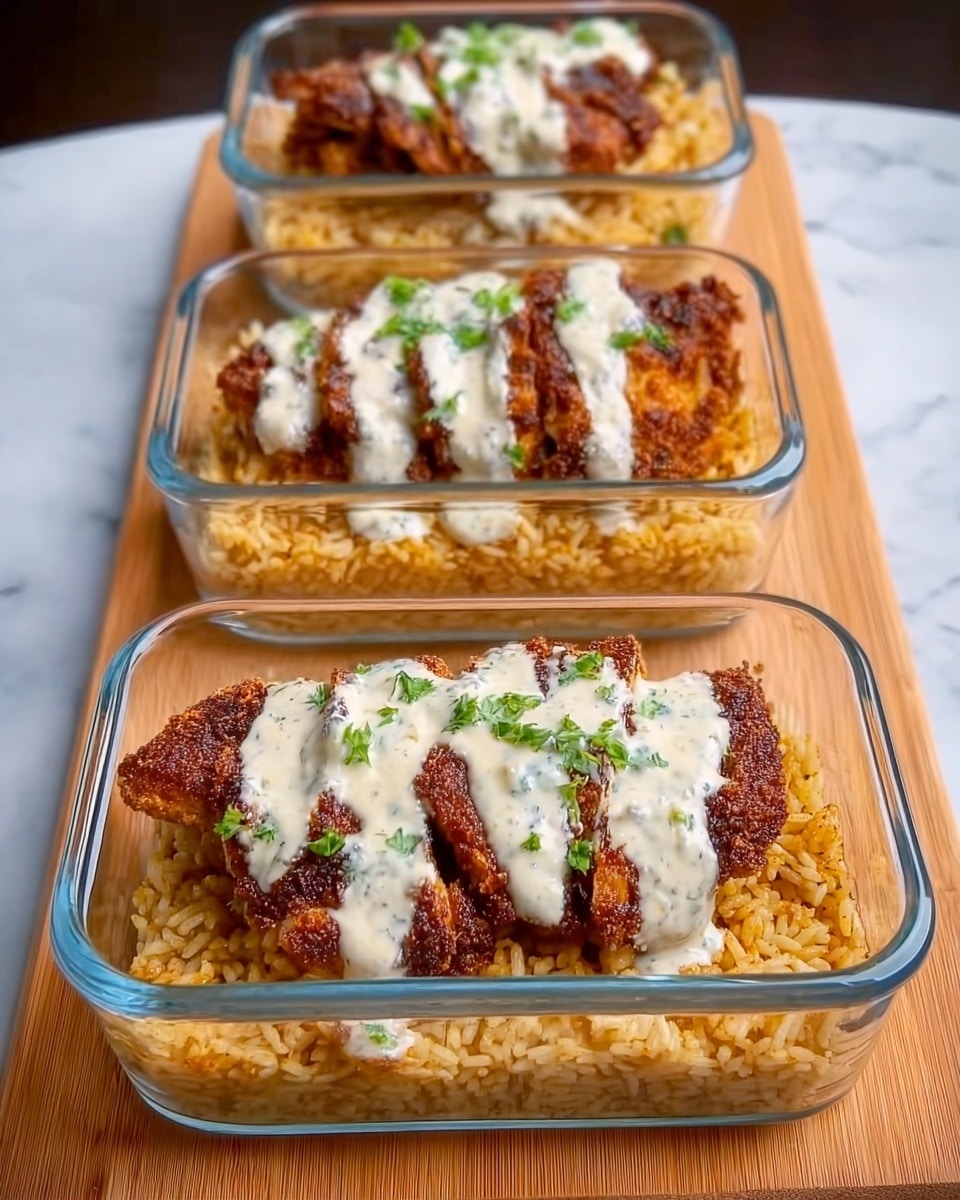 Three clear rectangular glass containers are lined up on top of a wooden board with a white marbled texture in the background. Each container holds a layer of cooked, light brown rice at the bottom, topped with a piece of dark brown, crispy fried chicken cut into strips. On top of the chicken, there is a thick, creamy white sauce drizzled evenly, garnished with small green herbs. The containers show a clear view of the layers, with the contrast between the crispy chicken and smooth sauce standing out. Photo taken with an iphone --ar 4:5 --v 7