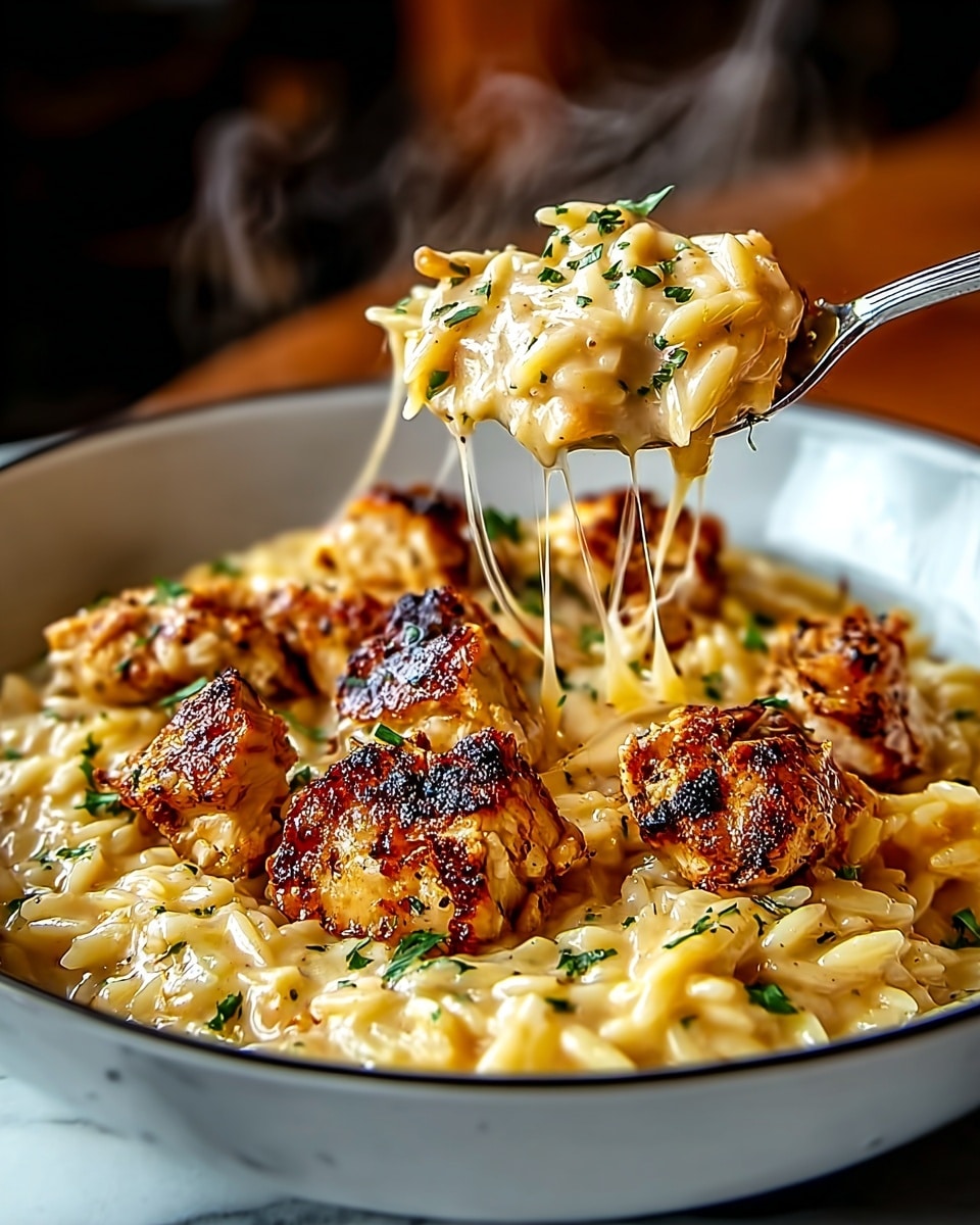 A black bowl filled with creamy, cheesy risotto as the base layer, light yellow with specks of green herbs throughout, topped with several pieces of golden brown, seared chicken chunks that have a slightly crispy texture and are garnished with finely chopped green herbs. A metal spoon lifts a portion of the risotto, showing strands of melted cheese stretching from the bowl. Steam rises from the hot dish, creating a fresh and warm feeling. The setting has a soft focus on the background with warm, dark tones, making the food stand out against a white marbled texture. photo taken with an iphone --ar 4:5 --v 7