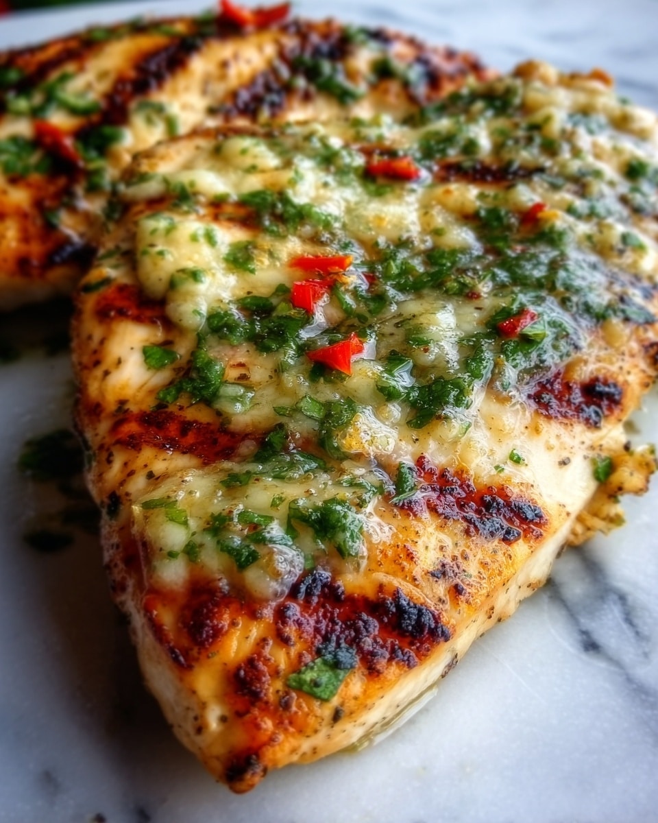 The image shows a close-up of a grilled sandwich sliced in half, each half placed next to each other. The bread is golden brown with crispy edges and a slightly charred texture. The top layer has melted cheese that stretches slightly between the halves, covered with small pieces of green herbs and tiny red bits. Beneath the cheese, there is a layer of cooked, juicy chicken that looks moist and well-seasoned, with a golden color. The sandwich rests directly on a white marbled surface, and no plate or bowl is visible. The photo is sharp and bright, capturing the textures and colors very clearly. photo taken with an iphone --ar 4:5 --v 7