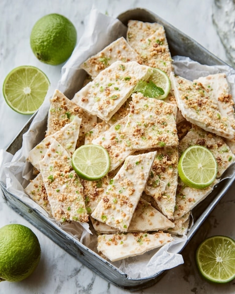 A white square tray lined with white paper holds broken thin cracker pieces that are off-white with a rough texture, topped with small brown toasted bits and green lime zest scattered across the surface. Bright green lime slices with visible pulp are placed on top and around the crackers, adding a fresh color contrast. The tray is set on a white marbled background with a small white bowl containing more toasted bits nearby. photo taken with an iphone --ar 4:5 --v 7