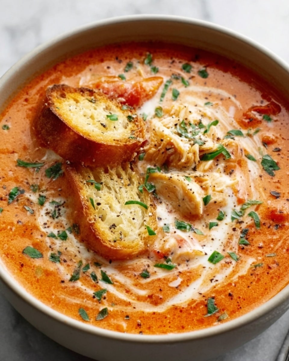 A round white bowl filled with creamy orange tomato soup with small pieces of vegetables and herbs visible on the surface, topped with thin slices of toasted bread partly dipped in the soup, garnished with chopped green herbs sprinkled evenly, the bowl resting on a white marbled surface. photo taken with an iphone --ar 4:5 --v 7