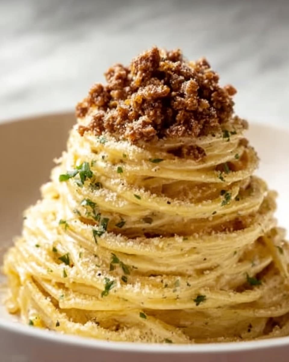 A tall stack of thin spaghetti noodles coated in a light yellow sauce is carefully twirled into a neat pile in the center of a white plate. On top of the pasta, there is a generous layer of crumbly brown meat or breadcrumb topping with some small herbs sprinkled throughout, adding texture and color contrast. The noodles look smooth and slightly shiny, with some grated cheese or herbs visible throughout the pasta strands. The background is a clean white marbled texture. Photo taken with an iphone --ar 4:5 --v 7