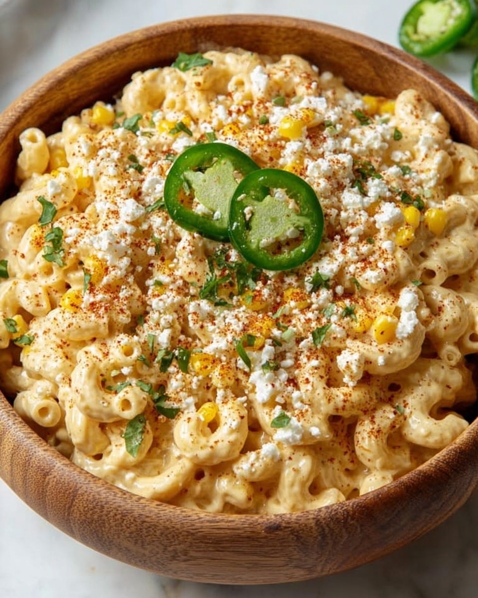 The image shows a wooden bowl filled with creamy macaroni and cheese, where the pasta is well coated in a smooth, light yellow cheese sauce. On top, there is a generous layer of small yellow corn kernels mixed evenly throughout. The dish is garnished with finely chopped green herbs scattered over the cheese and corn, along with two slices of green jalapeño placed near the center. A light dusting of a reddish spice powder is spread on top, adding some color contrast. The bowl sits on a white marbled surface, with part of a white bowl visible in the background. Photo taken with an iphone --ar 4:5 --v 7