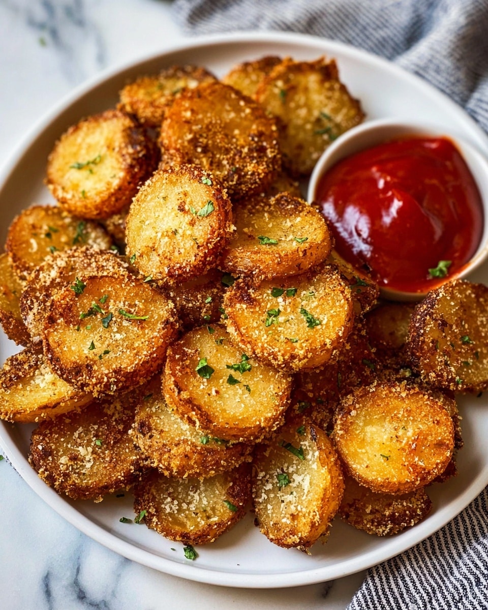 A white plate full of round, golden brown crispy fried potato slices with a rough breadcrumb coating, speckled with black pepper and small green parsley pieces scattered on top. The potatoes look crunchy with some variation in browning, some slices showing a slightly lighter yellow inside. At the back of the plate, a small dollop of red ketchup peeks out. The plate is placed on a blue and white striped cloth over a white marbled surface. Photo taken with an iphone --ar 4:5 --v 7