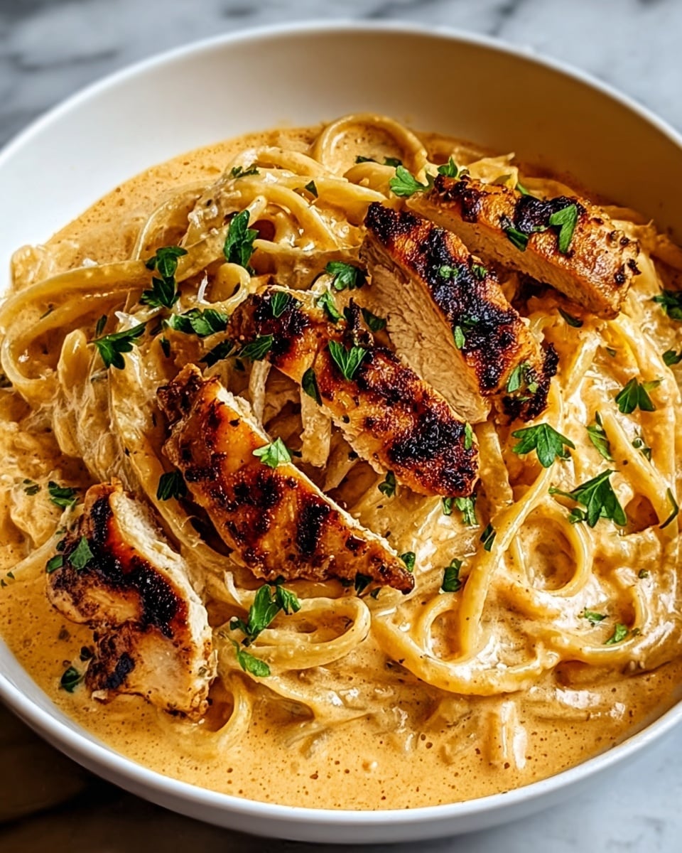 A close-up of a white bowl filled with creamy spaghetti pasta coated in a thick, light orange sauce as the bottom layer, topped with medium-sized, grilled chicken pieces that are golden brown with char marks, arranged scattered evenly. Fresh green parsley leaves are sprinkled on top of the chicken, adding a touch of vibrant color. The dish sits against a white marbled texture background, highlighting the food's warm and rich tones. Photo taken with an iphone --ar 4:5 --v 7