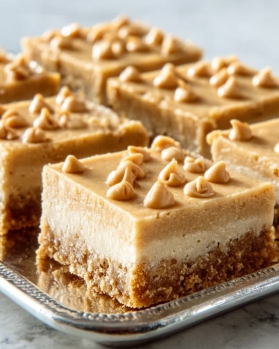 The image shows three square bars of a dessert with three clear layers. The bottom layer is a thick, light brown crust that looks crumbly. The middle layer is creamy and smooth, pale beige in color and thicker than the crust. The top layer is a glossy caramel with a shiny, rich golden brown color, decorated with small caramel drops evenly spread on each square. The dessert bars sit on a metal tray placed on a white marbled surface. photo taken with an iphone --ar 4:5 --v 7