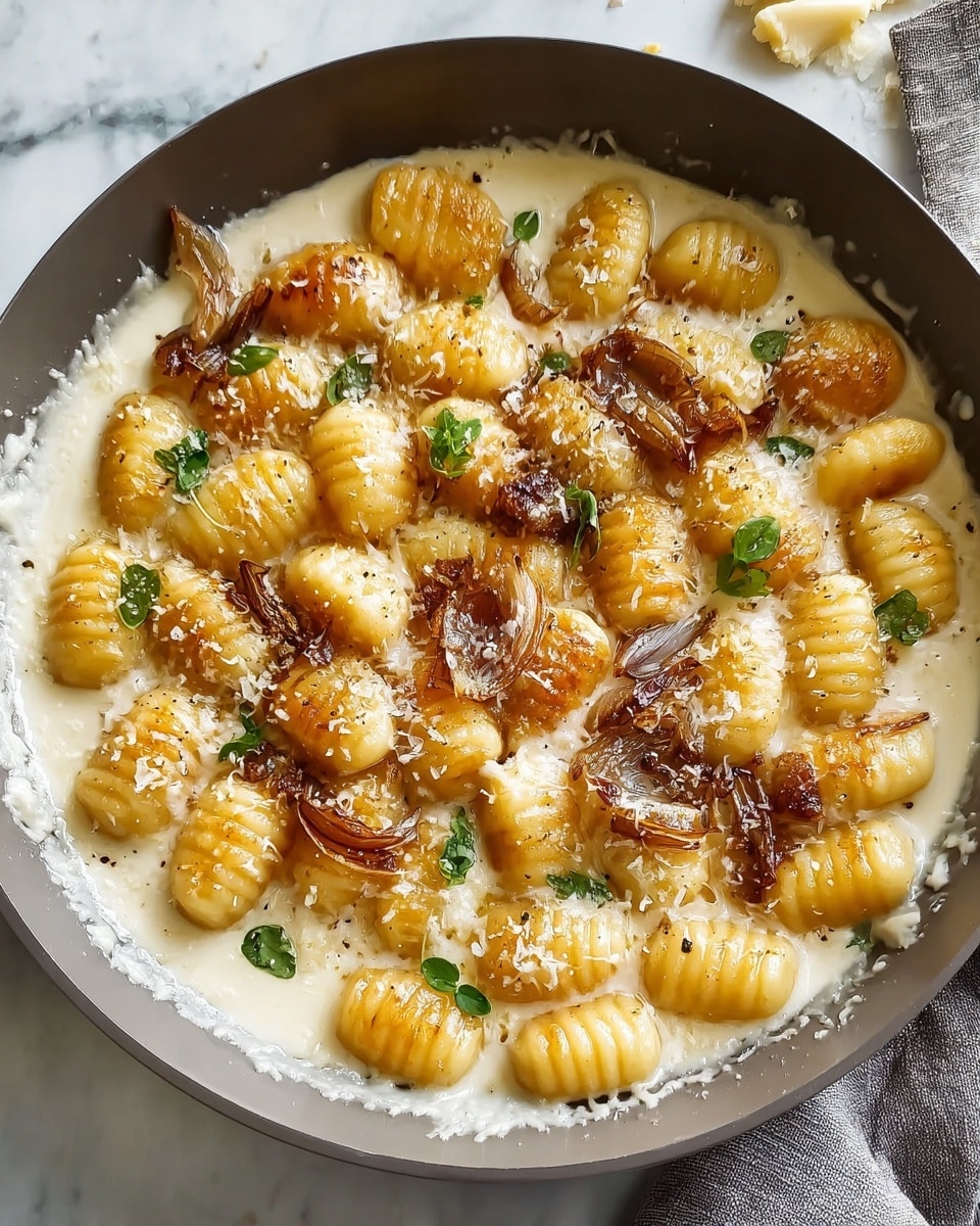 A close-up of a pan filled with small, plump gnocchi pieces that are golden brown on the edges, sitting in a creamy white sauce. Scattered on top are caramelized, glossy onions that have a deep golden hue, adding texture and color contrast. Small green herb leaves are sprinkled throughout, and finely grated cheese lightly dusts the dish. The pan sits on a white marbled surface, and part of a grey cloth is visible beside it. photo taken with an iphone --ar 4:5 --v 7