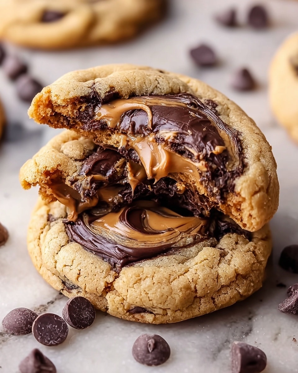 A close-up image of two stacked round cookies on a white marbled surface, each cookie with a golden brown outer layer. The top cookie has a bite taken out of it, showing a thick, rich dark brown chocolate swirled with a creamy light brown peanut butter layer inside. The bottom cookie displays the same swirled pattern on its surface. Around the cookies are scattered chocolate chips. The texture of the cookies looks soft and chewy. photo taken with an iphone --ar 4:5 --v 7
