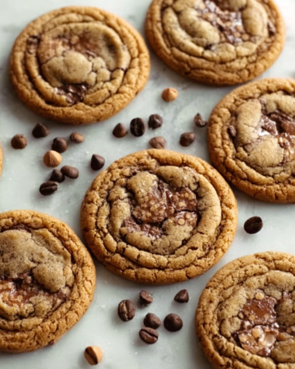 The image shows five round cookies placed on a white marbled surface. Each cookie is light golden brown with a slightly cracked top and filled with small dark chocolate chips evenly spread throughout. Scattered around the cookies are dark brown coffee beans that add contrast to the scene. The cookies have a soft and chewy texture, with some edges slightly darker, showing they are well baked. The light reflects softly on the cookies, highlighting their warm and inviting look. photo taken with an iphone --ar 4:5 --v 7