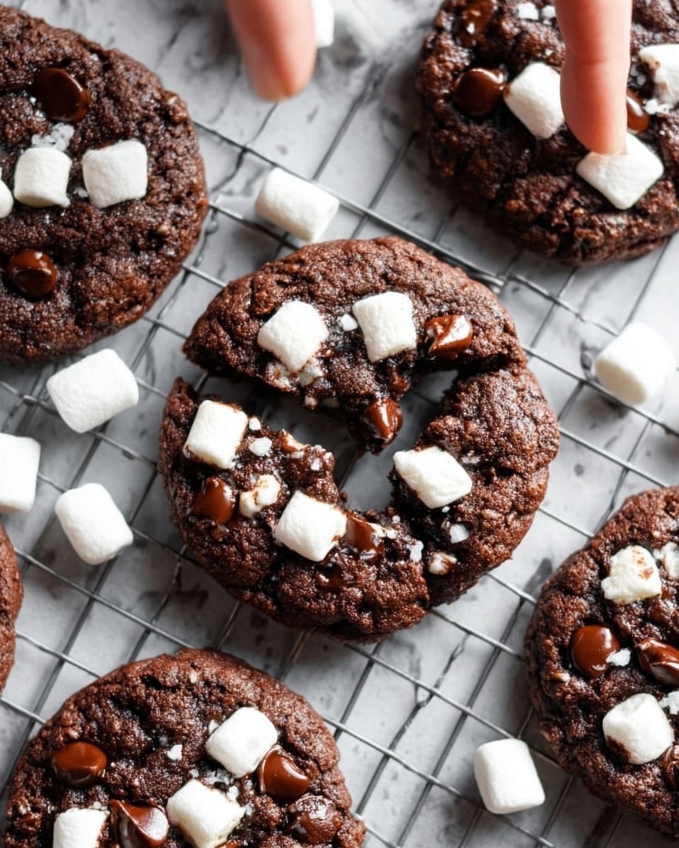 The image shows several round chocolate cookies with a cracked surface, placed on a silver metal cooling rack over a white marbled background. Each cookie has a moist, dark brown color with glossy, melted chocolate chips on top and small white marshmallows scattered across the surface. One cookie is broken in half, revealing a gooey interior with melted chocolate and marshmallow inside. A woman's hand is gently holding one cookie from the top right corner. photo taken with an iphone --ar 4:5 --v 7