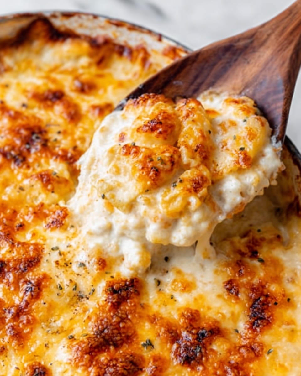 The image shows a close-up of a cheesy dish with multiple layers visible in the lifted scoop taken by a white wooden spoon held by a woman's hand. The top layer is a bubbly, golden-brown melted cheese with small browned spots and a slightly crusty texture. Below the cheese, there is a creamy, smooth layer of white sauce mixed with more melted cheese, soft and thick. The base layer is made up of tender, small pieces of pasta coated in the sauce. The background surface is a white marbled texture, creating a clean, bright setting. Photo taken with an iphone --ar 4:5 --v 7
