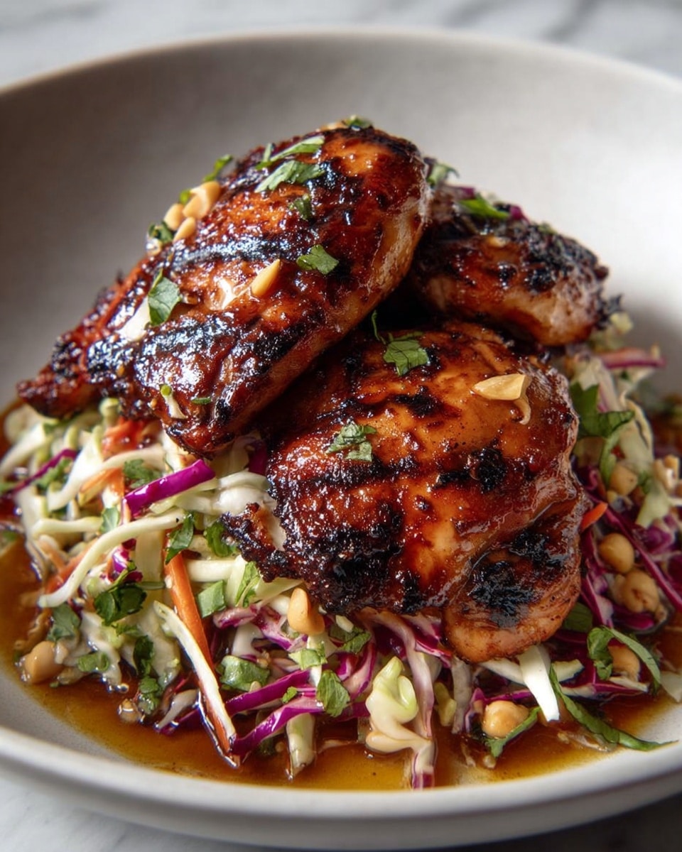 The dish shows two thick pieces of grilled chicken with a dark brown, shiny glaze and slight char marks on top, placed over a colorful bed of coleslaw. The coleslaw has thinly sliced layers of white cabbage, orange carrots, and purple cabbage mixed with chopped green herbs, creating a fresh, textured base. The chicken is glossy and wet with sauce, which pools slightly at the bottom of the white bowl, giving a rich, juicy look. The vibrant colors contrast with the white bowl and the blurred white marbled background. photo taken with an iphone --ar 4:5 --v 7