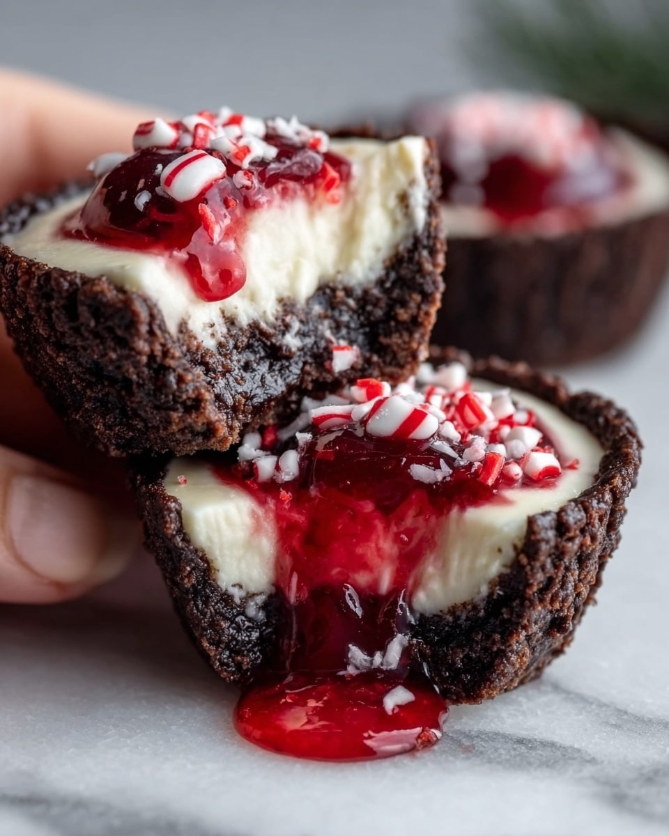 A close-up view of a small dessert tart with a crumbly dark brown crust forming the base and sides. Inside, there is a smooth creamy white layer, topped with a glossy red sauce dripping down the sides. On top of the red sauce are small white and red pieces resembling crushed candy canes scattered as decoration. The tart sits on a white plate against a white marbled background, and a woman's fingers hold the tart gently from the side. photo taken with an iphone --ar 4:5 --v 7