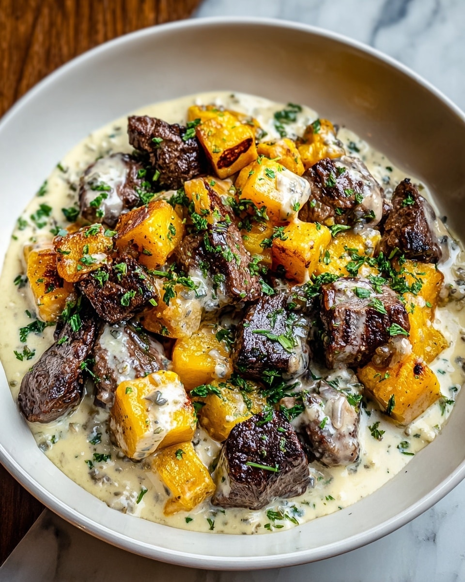 The dish is served in a white bowl and shows two main layers: the bottom layer is a creamy, white sauce that fills the base of the bowl with a smooth texture, lightly spread around. On top are evenly distributed pieces of golden-yellow roasted cubes with char marks, which form the first solid layer. The second solid layer consists of dark brown, seared beef cubes that are placed over and between the yellow cubes. Both the beef and yellow cubes are garnished with finely chopped green herbs, and the beef cubes are drizzled with more of the creamy white sauce, adding a rich and moist look. The whole dish sits on a white marbled texture. photo taken with an iphone --ar 4:5 --v 7