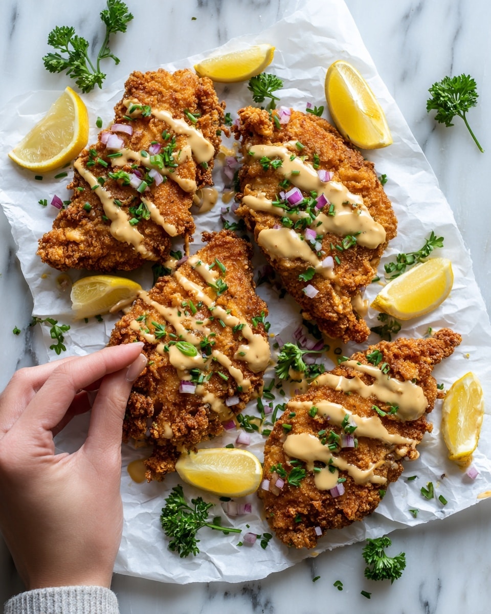 The image shows four pieces of crispy fried chicken with a deep golden brown crunchy crust placed on white parchment paper. Each piece is drizzled with a creamy light beige sauce, and small bits of chopped red onion and green herbs are scattered over the chicken and paper. Around the chicken, there are bright yellow lemon wedges and sprigs of fresh green parsley. A woman's hand is holding one piece of chicken, with the fingers just touching it. All of this is set on a white marbled surface. photo taken with an iphone --ar 4:5 --v 7