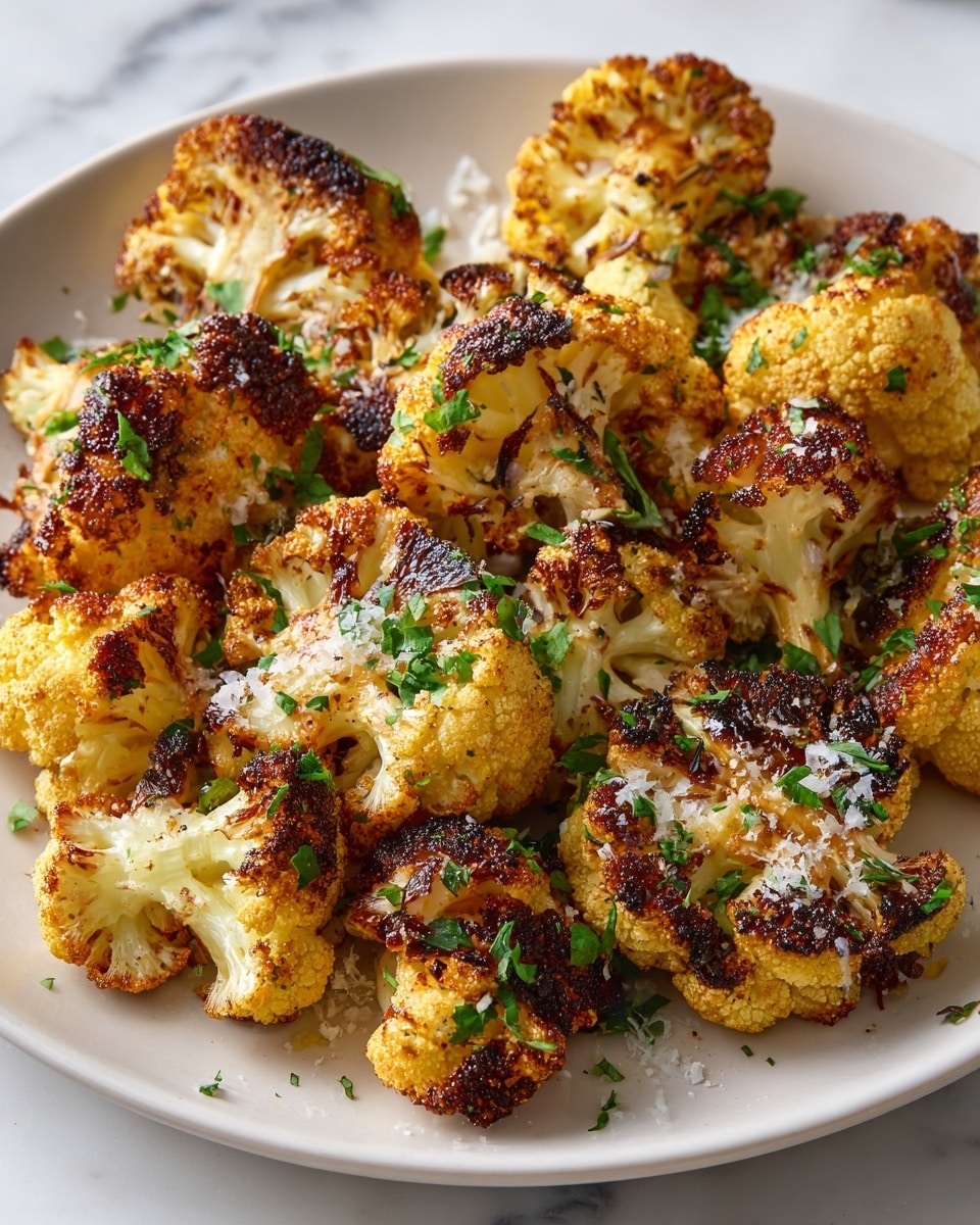 The image shows a close-up of roasted cauliflower florets arranged on a white plate. There are about two layers of cauliflower pieces, each golden brown with crispy, well-charred edges. The florets display a mix of light yellow and deep brown colors with a rough texture from the roasting. Fresh green chopped herbs are sprinkled generously over the top, along with coarse white salt crystals that add sparkle and contrast on the warm surface of the cauliflower. The small cauliflower stems are visible beneath the roasted tops, and the entire dish sits on a white marbled surface. Photo taken with an iphone --ar 4:5 --v 7