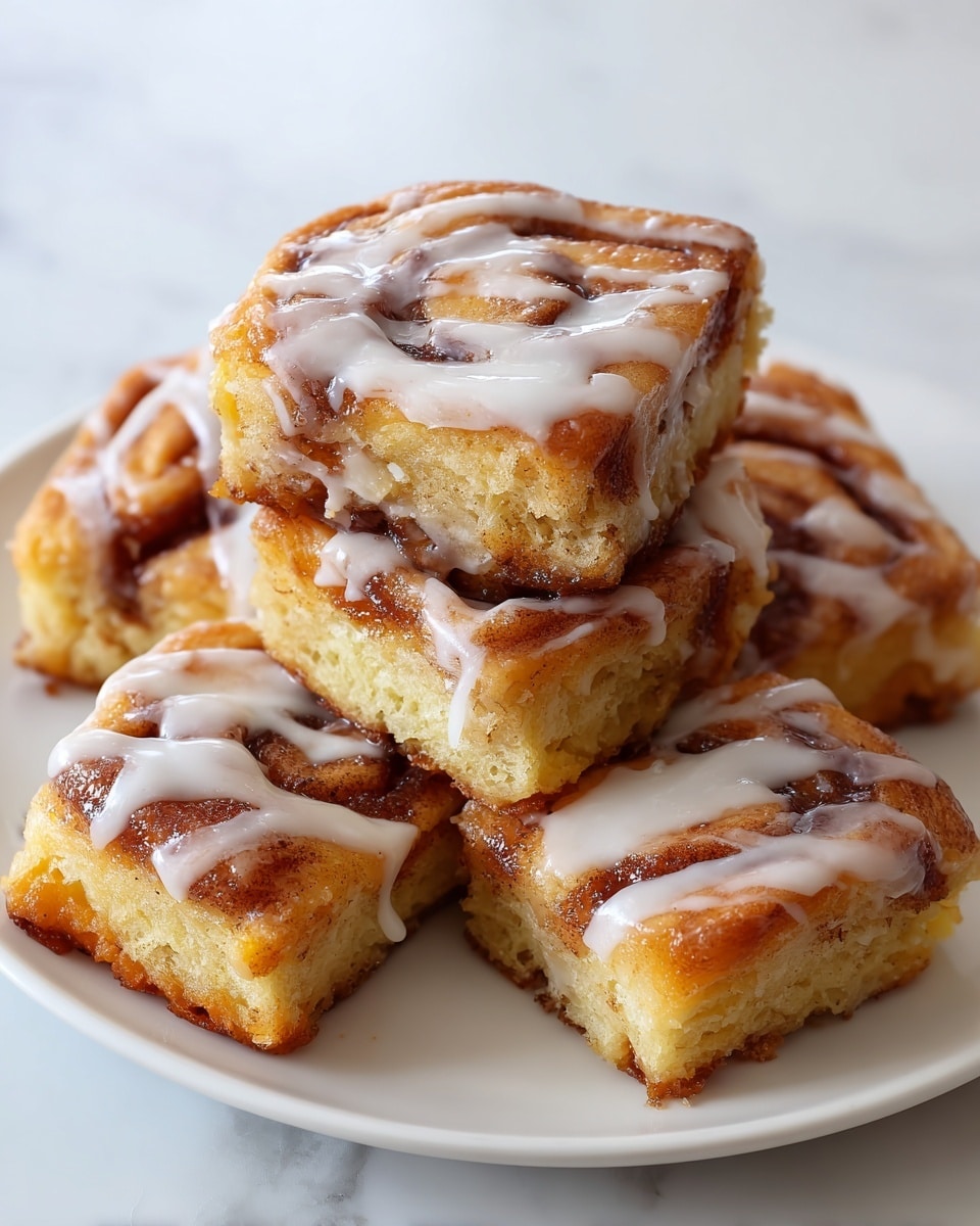 The image shows several square pieces of a cinnamon roll dessert stacked on a white plate. Each piece has a golden-brown crust with a soft, swirled texture on top, swirled with a cinnamon filling that looks sticky and gooey. A light white icing is drizzled unevenly over the top of each piece, adding a shiny, smooth contrast to the rough cinnamon swirls. The background is a white marbled surface, giving a clean and bright setting for the dessert. photo taken with an iphone --ar 4:5 --v 7