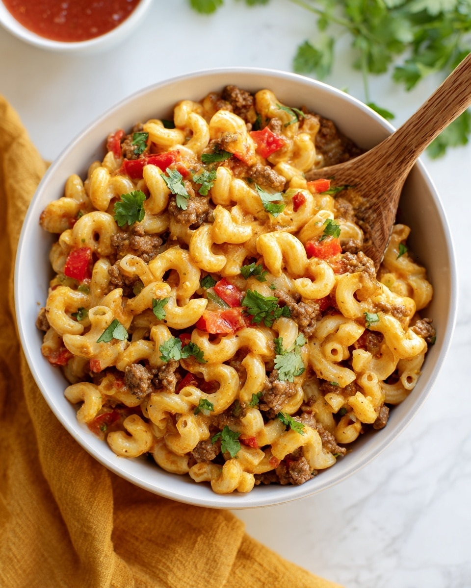 The image shows a close-up of a white bowl full of cooked elbow macaroni mixed with small pieces of browned ground meat and diced red bell peppers, all coated in a creamy sauce with a light orange tint. Fresh green cilantro leaves are scattered on top, adding a pop of color and freshness. A wooden spoon is scooping some of the macaroni mixture, showing the dish’s hearty and creamy texture. The bowl rests on a white marbled surface, with a mustard yellow cloth napkin partially visible at the bottom left corner and some fresh cilantro in the top left. Nearby, there is a white bowl containing a red sauce with a smooth texture. photo taken with an iphone --ar 4:5 --v 7
