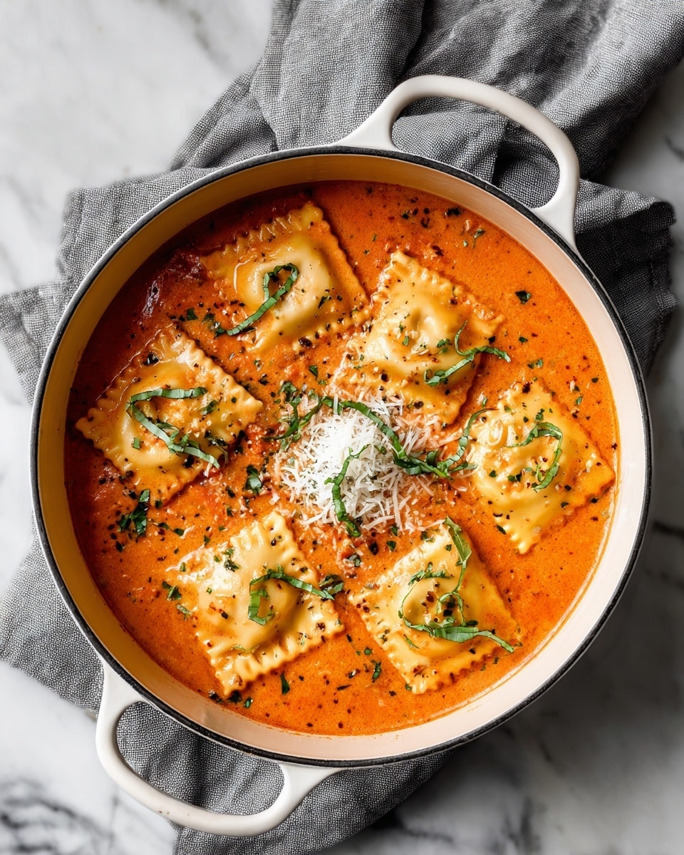 The image shows a white cast iron pot filled with a creamy orange tomato-based soup, with seven large square ravioli pasta floating evenly on the surface. The soup is rich and smooth with small bits of herbs and vegetables visible inside. On top of the ravioli, there is a light sprinkling of finely chopped fresh green basil and a small pile of grated white cheese in the center. The pot rests on a gray cloth napkin set on a white marbled surface. photo taken with an iphone --ar 4:5 --v 7
