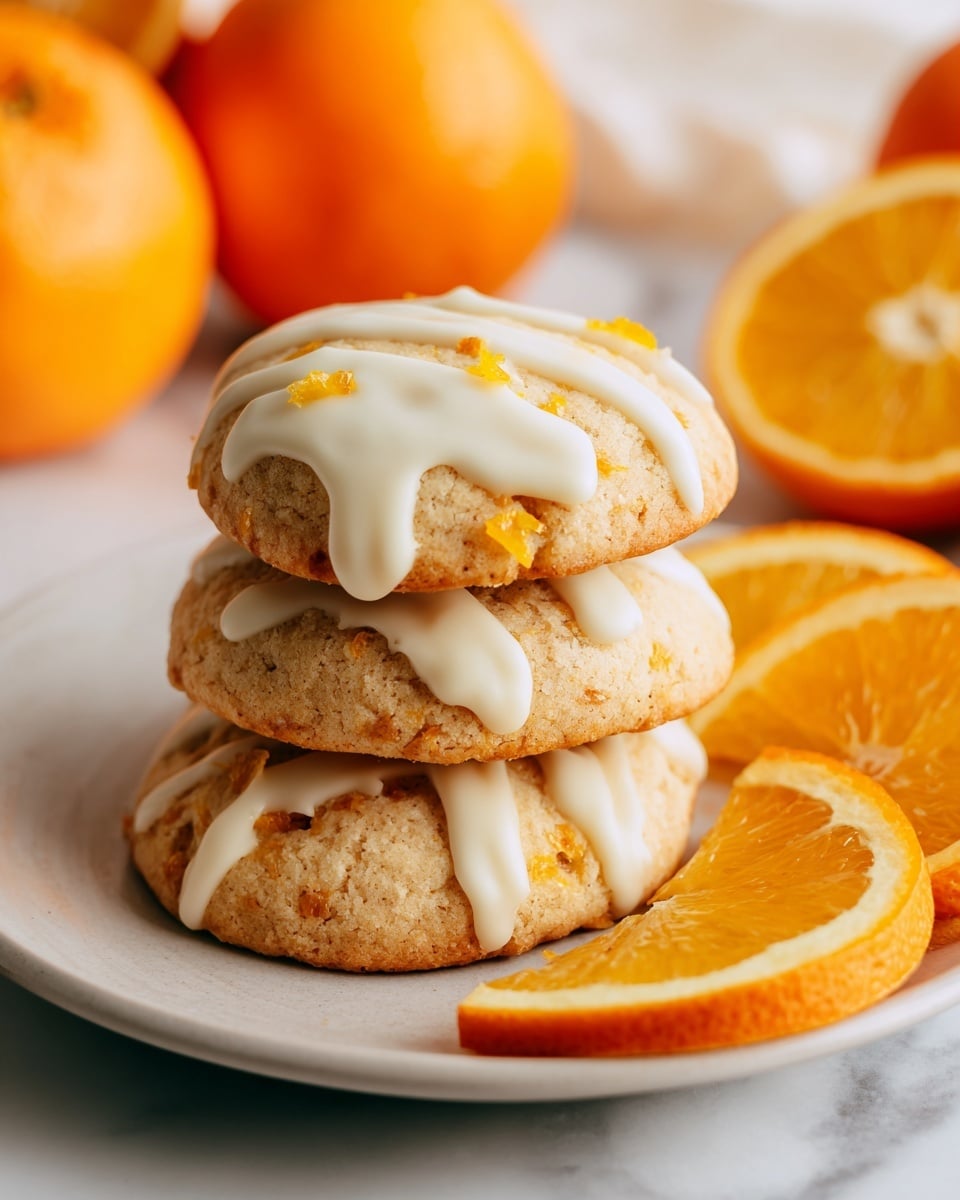 Three soft cookies stacked on top of each other on a white plate, each cookie light brown with small orange zest bits inside. The top cookie is drizzled with white icing that looks creamy and thick. On the right side of the plate, there are fresh round orange slices showing a juicy bright orange color. The background shows whole oranges and halves blurred on a white marbled surface. photo taken with an iphone --ar 4:5 --v 7