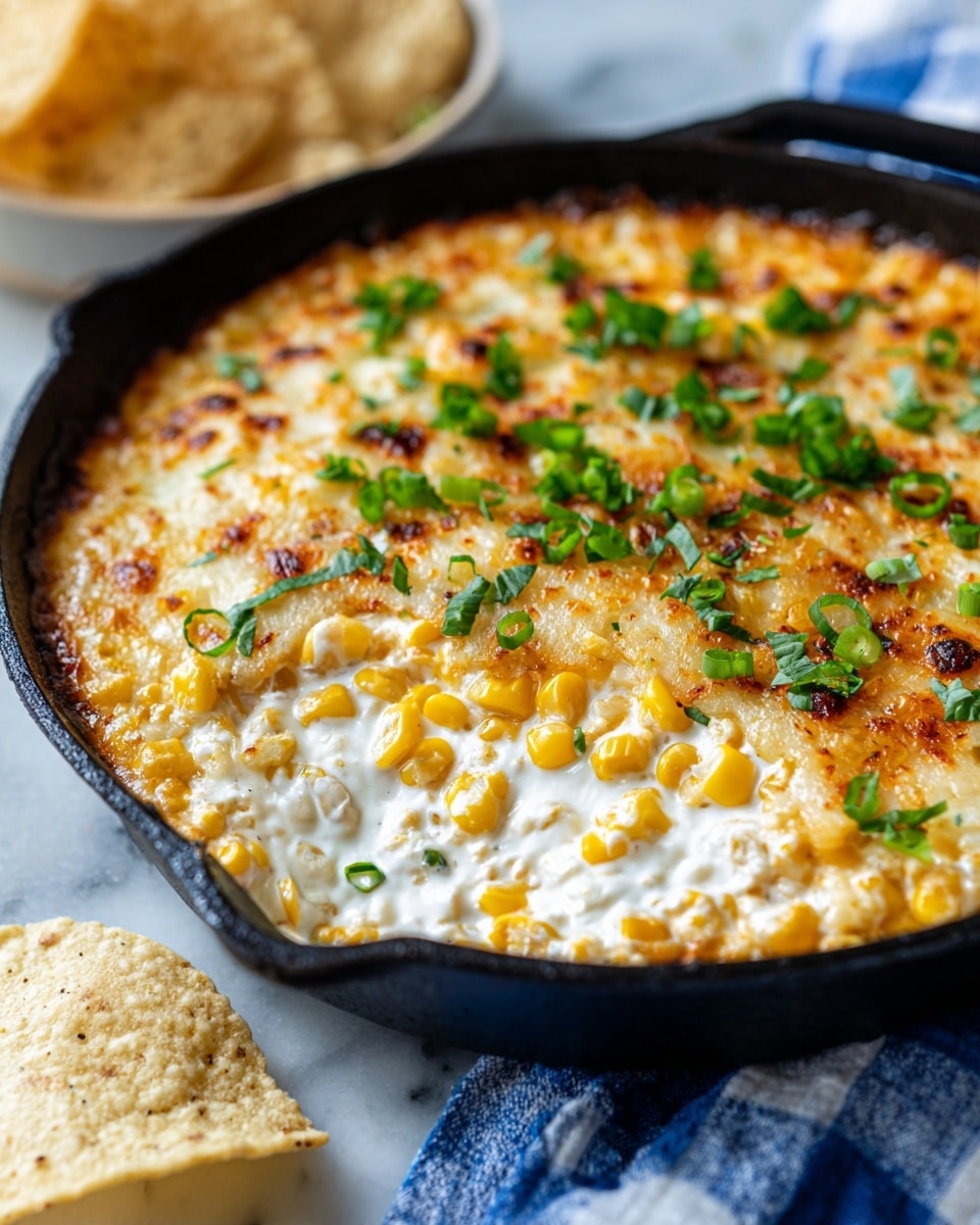 The image shows a close-up of a creamy corn dip in a black cast iron skillet. The dip has three visible layers: a base layer of yellow corn kernels mixed with a creamy white sauce, a middle layer of slightly browned melted cheese that covers the corn, and a top layer sprinkled with chopped green onions and fresh green herbs. The skillet rests on a white marbled surface next to one large white tortilla chip and a blue and white checkered cloth partially visible at the bottom. The cheese on top has small golden-brown spots showing it is baked and bubbly. Photo taken with an iphone --ar 4:5 --v 7