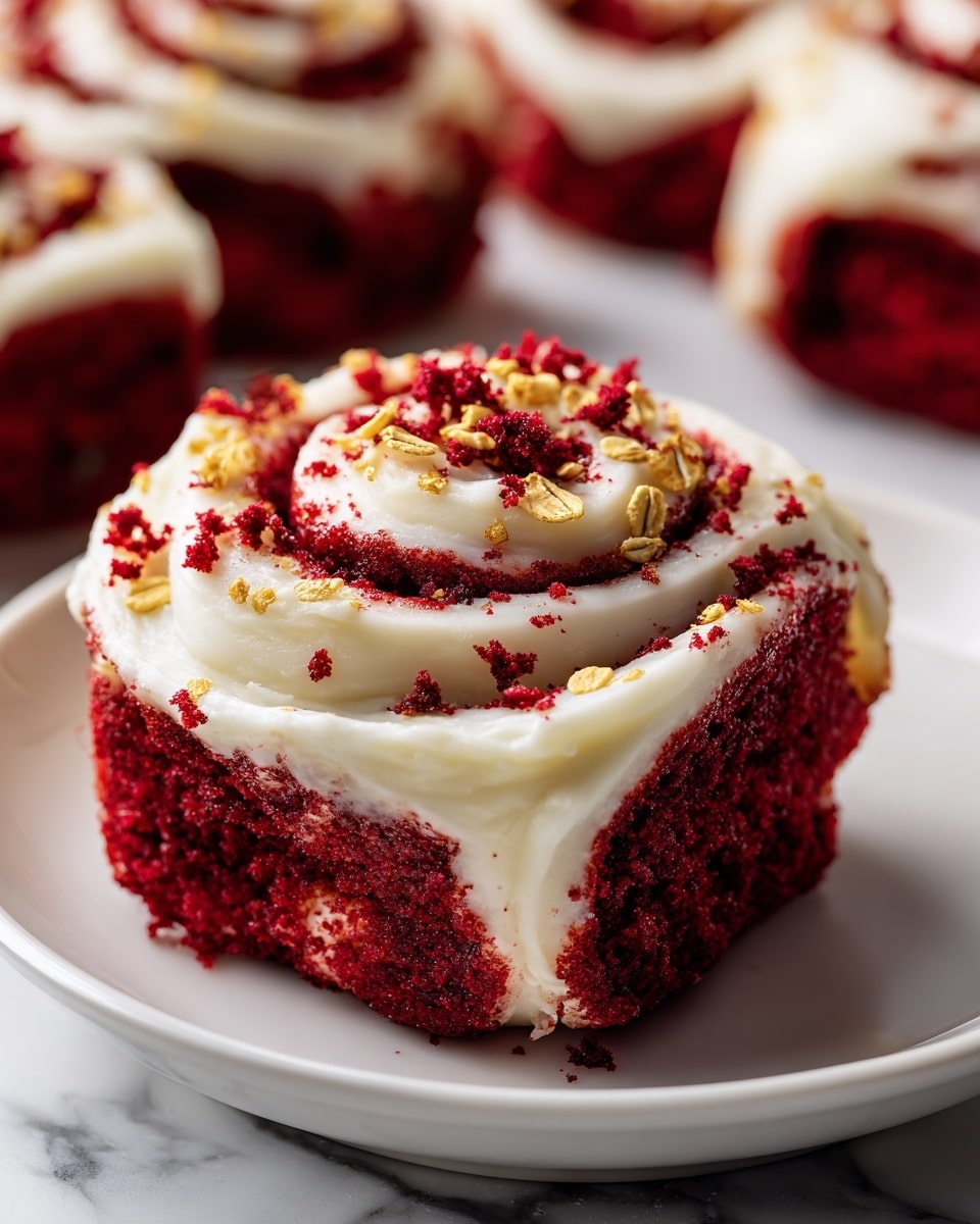 A close-up view of a soft red velvet cinnamon roll showing three thick layers, starting with a deep red base layer that looks moist and dense. The second layer is creamy white icing thickly swirled on top, creating a smooth and shiny texture in a spiral shape. The roll is topped with crumbled red velvet and golden oat pieces scattered evenly on the icing. The rolls are placed closely together on a white plate set on a white marbled surface. photo taken with an iphone --ar 4:5 --v 7