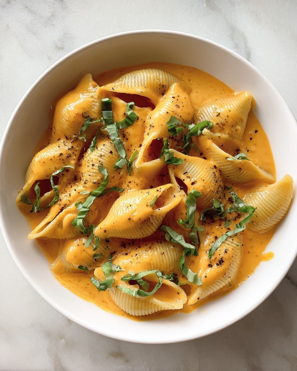 A white bowl filled with large pasta shells covered in a smooth, creamy orange sauce, topped with small fresh green leaves scattered evenly on the surface, the shells have a soft texture with some sauce pooled around them, all set on a white marbled surface. photo taken with an iphone --ar 4:5 --v 7
