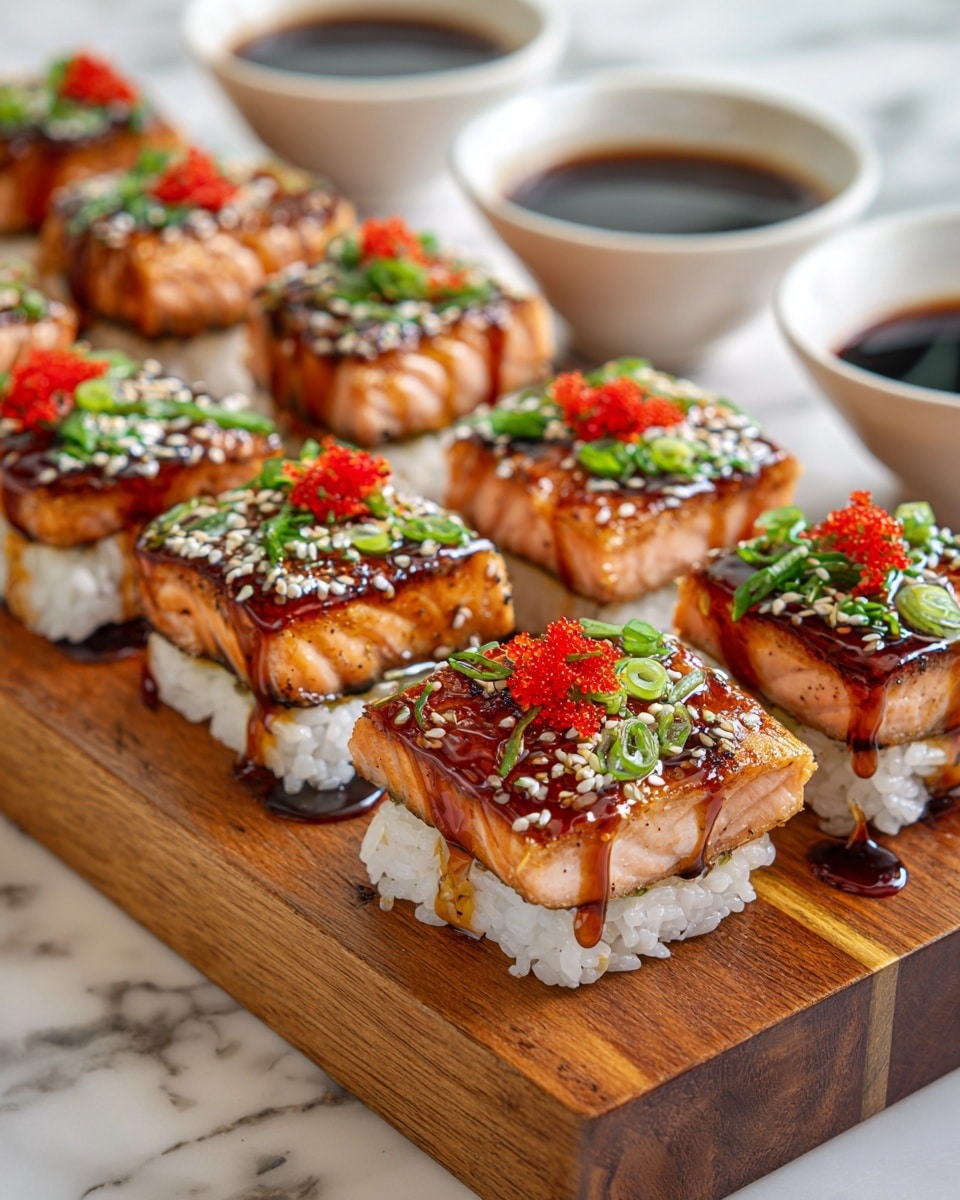 The image shows a wooden board with neat rows of sushi squares. Each sushi piece has two layers: a bottom layer of white rice with a soft, sticky texture and a top layer of light orange cooked salmon with a slightly glazed look. The salmon is topped with bright red fish roe, small green chopped scallions, and sprinkled white and black sesame seeds. Dark brown sauce is drizzled over the salmon, creating a glossy effect and some sauce has dripped onto the board. In the background, two white bowls hold dark soy sauce, sitting on a white marbled surface. Photo taken with an iphone --ar 4:5 --v 7