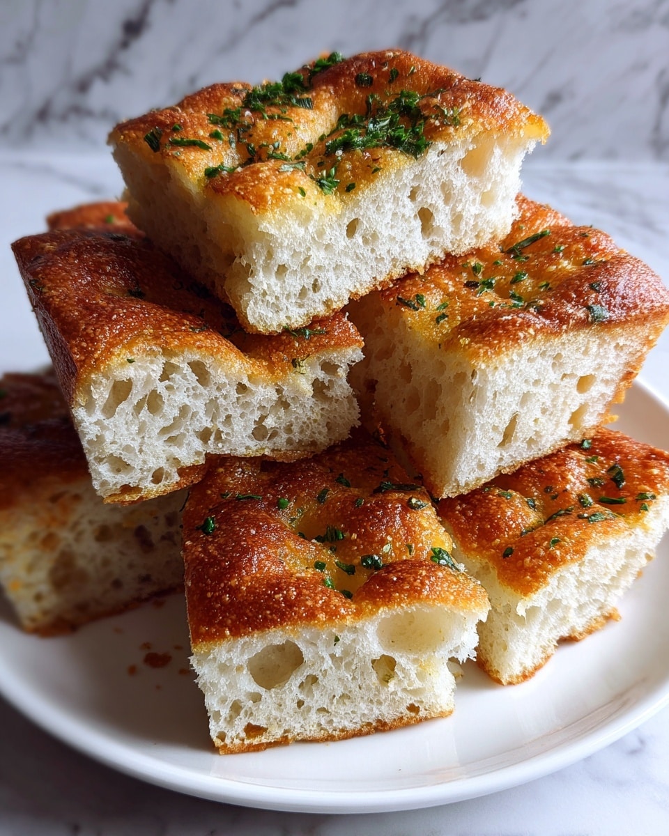 A close-up view of four thick square pieces of focaccia bread stacked on a black plate, each piece showing a golden-brown crust on top with visible green herb sprinkles. The bread's inside is light with an airy, spongy texture featuring many small holes, and the top crust looks slightly crispy with a mix of herb bits and oil creating a shiny appearance. The background has a white marbled texture. photo taken with an iphone --ar 4:5 --v 7