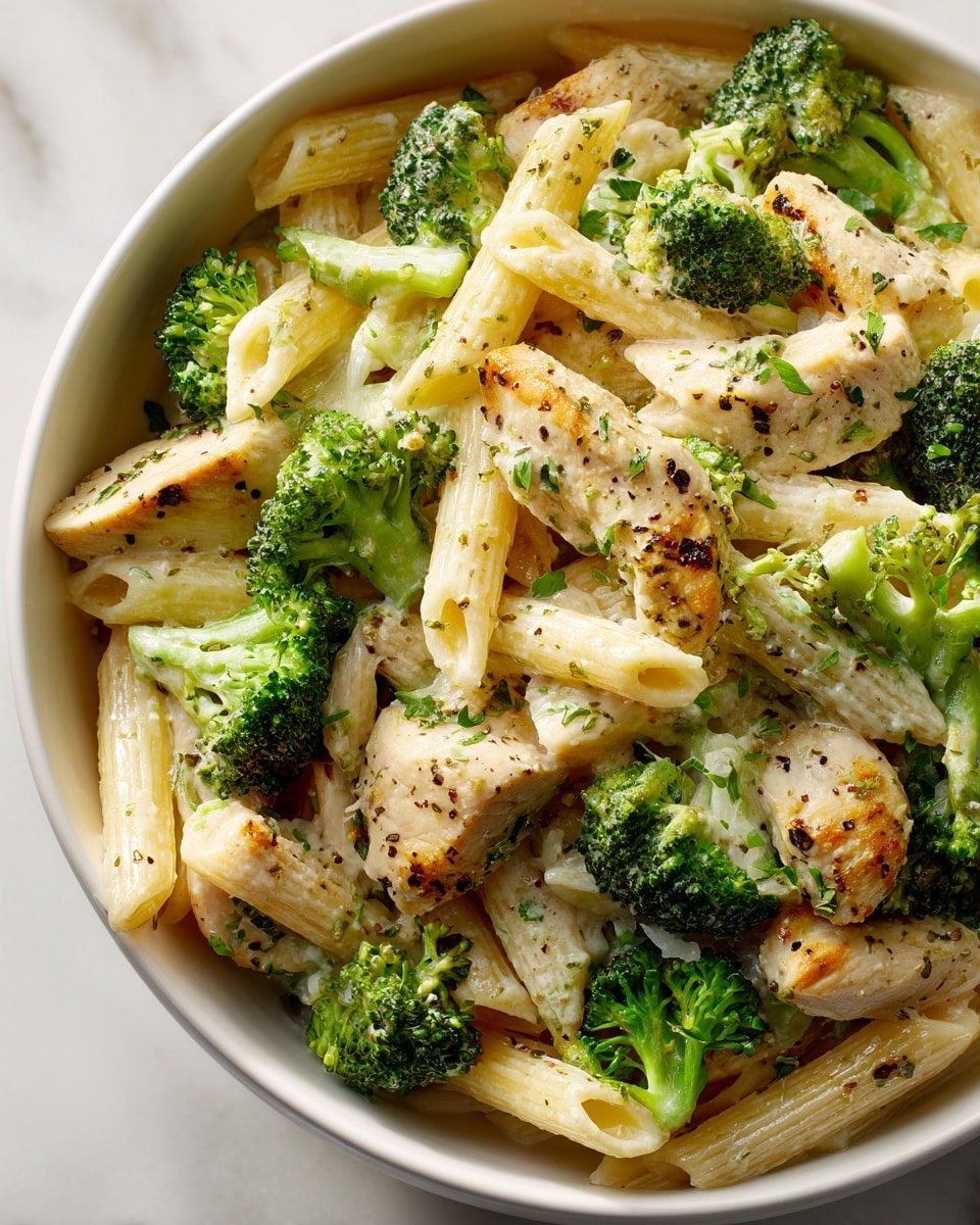 A close-up view of a dish in a white bowl, showing three main layers: bright green broccoli florets with a bumpy texture at the bottom, creamy white pasta pieces that are twisted and smooth in the middle, and lightly browned, seasoned chicken strips on top, which have a slightly rough texture with visible black pepper specks. The broccoli and chicken pieces are mixed closely, showing a creamy sauce that lightly coats all ingredients. The photo is set against a white marbled textured surface. photo taken with an iphone --ar 4:5 --v 7