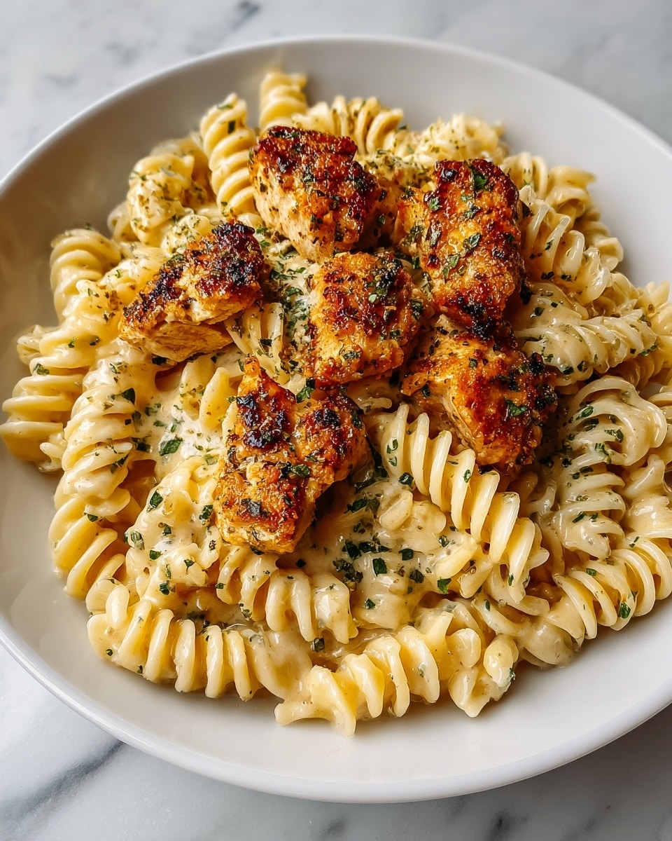 The image shows a white plate filled with creamy pasta and grilled chicken pieces. The pasta is spiraled and yellow-beige in color, placed along the left and bottom edges of the plate. On top and to the right, there are several pieces of grilled chicken with a slightly charred, golden-brown surface and some small herbs sprinkled over them. The sauce on the pasta is thick and creamy, with a light beige color, slightly mixing with the pasta beneath. A silver fork lies on the bottom right of the plate, partly resting on the pasta. The background is a white marbled texture. Photo taken with an iphone --ar 4:5 --v 7