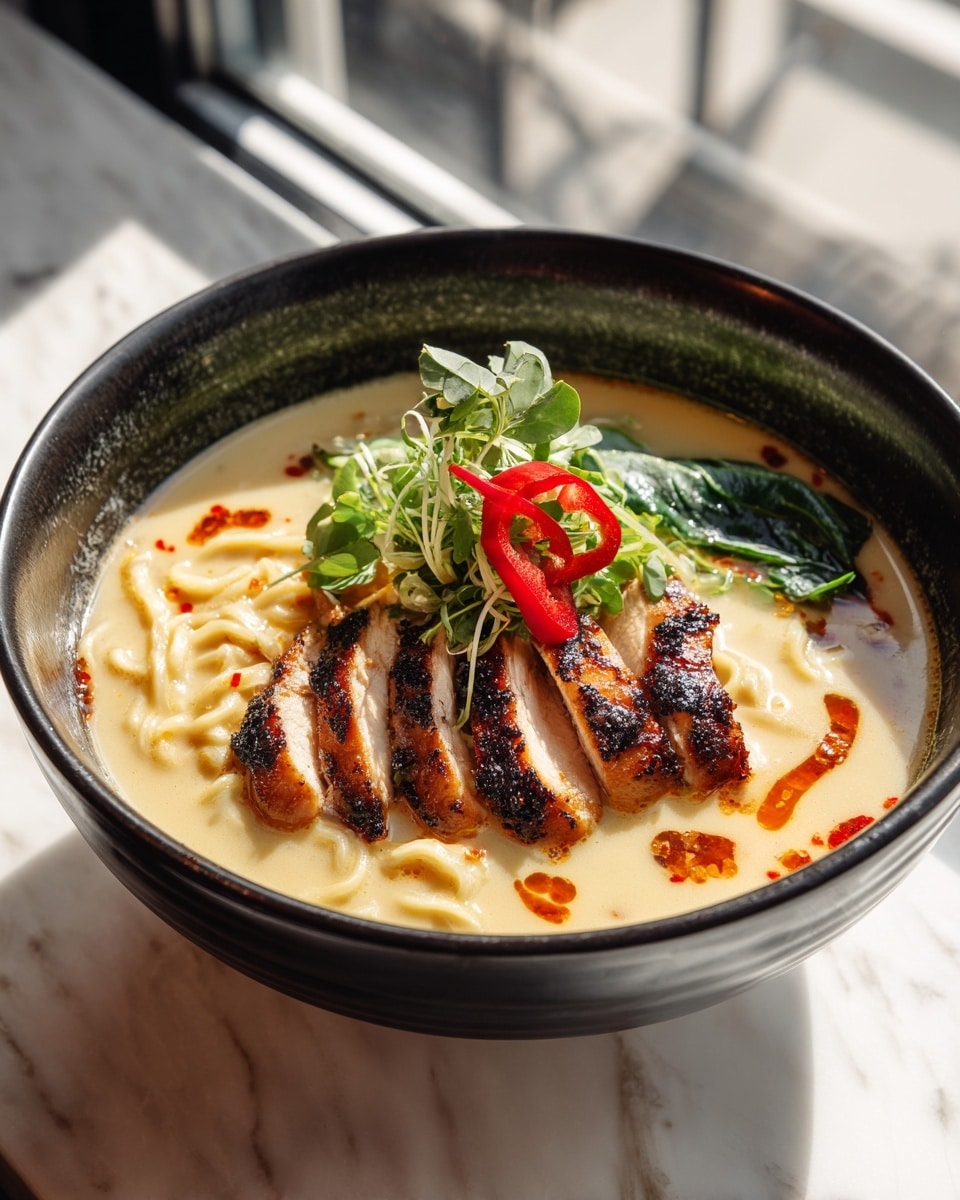 A black bowl holds a creamy light beige broth filled with curly yellow ramen noodles forming the base layer. On top of the noodles, there is a layer of sliced grilled chicken with a golden brown char, arranged neatly in the center. The chicken is garnished with thin strips of fresh green leafy herbs and a small piece of red chili placed on top. Around the edges of the bowl, drops of dark red chili oil float on the broth, adding a rich color contrast. The bowl sits on a white marbled surface. photo taken with an iphone --ar 4:5 --v 7