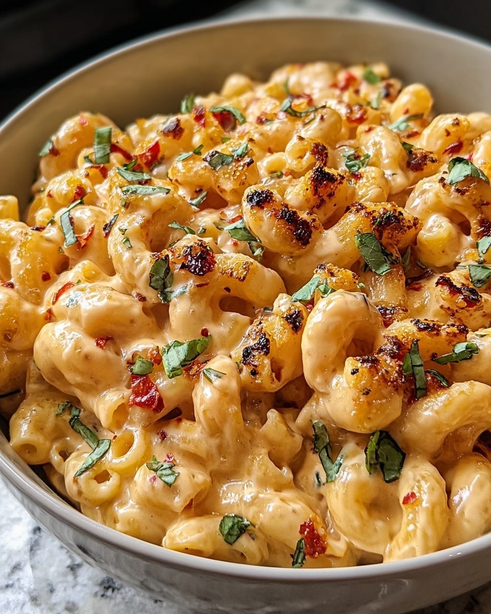 This image shows a close-up of a bowl filled with creamy pasta topped with melted, slightly browned cheese and strewn with green herbs. The pasta shapes are small and curved, tossed in a thick white sauce with bits of pinkish-red pieces, likely bacon or ham, mixed in. The top layer has a golden-brown crust where the cheese has been broiled or baked, creating a textured, crispy contrast to the smooth sauce underneath. The herbs sprinkled on top add a pop of fresh green color. The bowl is white and placed on a white marbled surface. photo taken with an iphone --ar 4:5 --v 7
