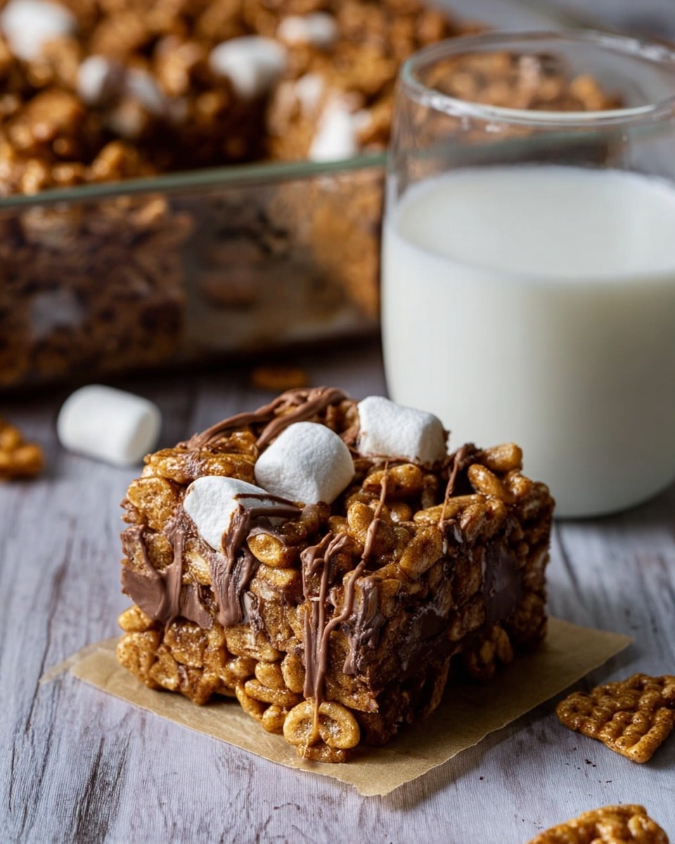 A close-up view of a thick square dessert bar made of layered golden-brown cereal squares mixed with gooey, shiny milk chocolate, along with a few small white marshmallows embedded on top and inside. The dessert rests on two pieces of white parchment paper on a white marbled surface, with scattered cereal pieces and marshmallows around it. To the right, there is a clear glass filled almost to the top with white milk. In the background, part of a glass baking dish filled with more of the dessert bar sits slightly out of focus. Photo taken with an iphone --ar 4:5 --v 7