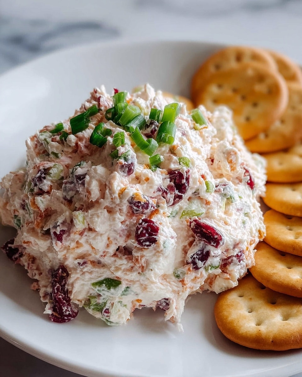 A close-up image of a creamy spread piled in a loose mound on a white plate, showing a mix of white cream cheese with visible red bits of dried cranberries and green pieces of chopped scallions scattered throughout. The spread has a soft, fluffy texture with small chunks, and it is garnished with extra chopped scallions on top. To the right side on the plate, there are several round, light golden crackers, appearing slightly crispy. The plate sits on a white marbled surface. photo taken with an iphone --ar 4:5 --v 7