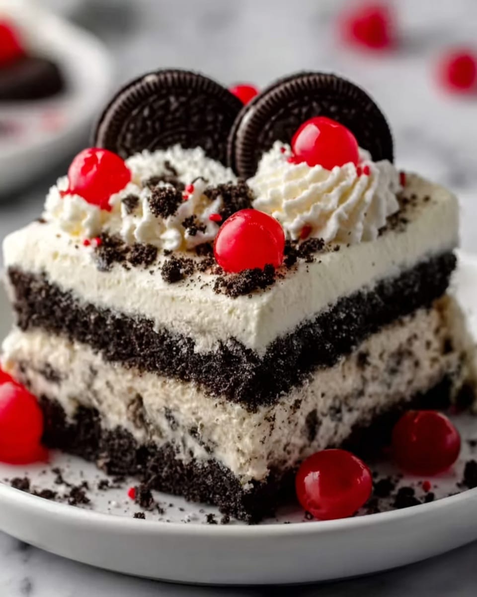 This image shows a square piece of layered Oreo cake on a white plate, placed on a white marbled surface. The cake has three visible layers: the bottom and middle layers are dark, crumbly Oreo cookie crust, while the middle filling is white with small Oreo bits mixed in. The top layer is a thick, smooth white cream topped with two whole Oreo cookies, dollops of whipped cream, and red cherries scattered on and around the cake. The textures look creamy, crumbly, and soft, with the dark and white colors contrasting well with the bright red cherries. Photo taken with an iphone --ar 4:5 --v 7