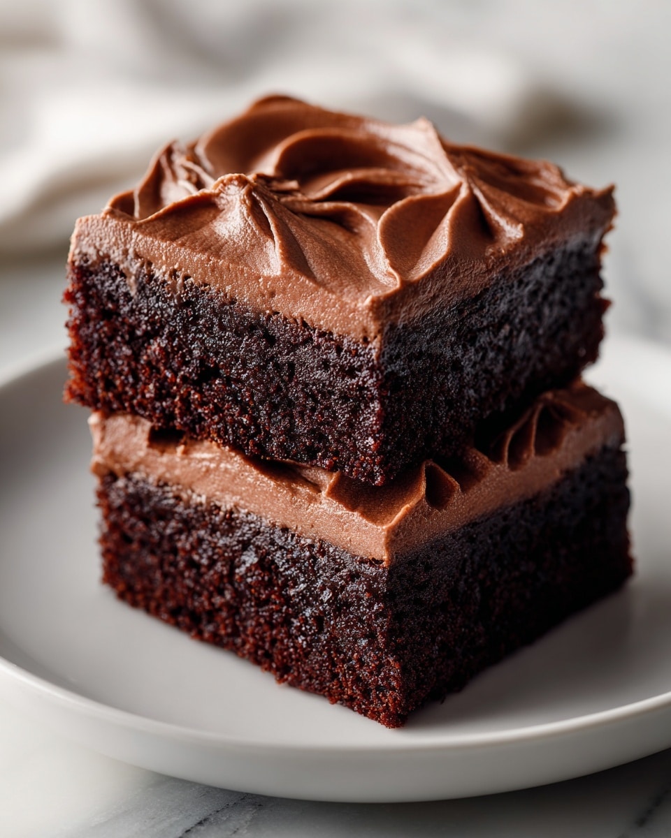 Two square pieces of chocolate brownies are stacked on top of each other on a white plate. Each brownie has two layers: a dark, moist, and dense chocolate base layer with a soft texture, and a thick, smooth light brown frosting layer spread evenly on top. The background is blurred, and the focus is on the brownies on a white plate placed on a brown wooden surface replaced with a white marbled texture. photo taken with an iphone --ar 4:5 --v 7