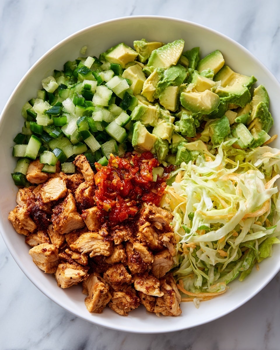 A white bowl filled with four main sections: grilled chicken pieces with a slightly charred, golden-brown surface placed on the right side; diced fresh cucumbers with a bright green color and smooth texture on the upper right; chopped avocado chunks that are creamy light green on the left side; and a bed of white rice with a soft texture underneath all the toppings, visible around the edges. The bowl sits on a white marbled surface. photo taken with an iphone --ar 4:5 --v 7