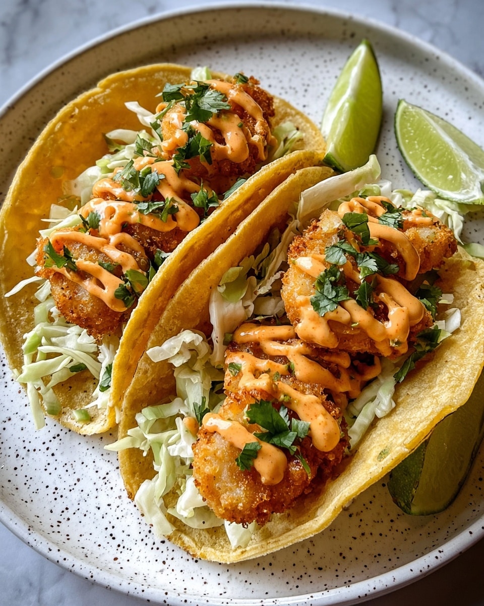 Two crispy fried shrimp tacos are placed side by side on a white plate with a subtle speckled design, resting on a white marbled surface. Each taco has a lightly toasted yellow corn tortilla base, layered with shredded pale green cabbage. On top, there are several pieces of golden brown, crunchy fried shrimp with a textured crust. A light orange creamy sauce is drizzled over the shrimp, and fresh green chopped cilantro is sprinkled on top. A fresh lime wedge is positioned next to the tacos on the plate. photo taken with an iphone --ar 4:5 --v 7