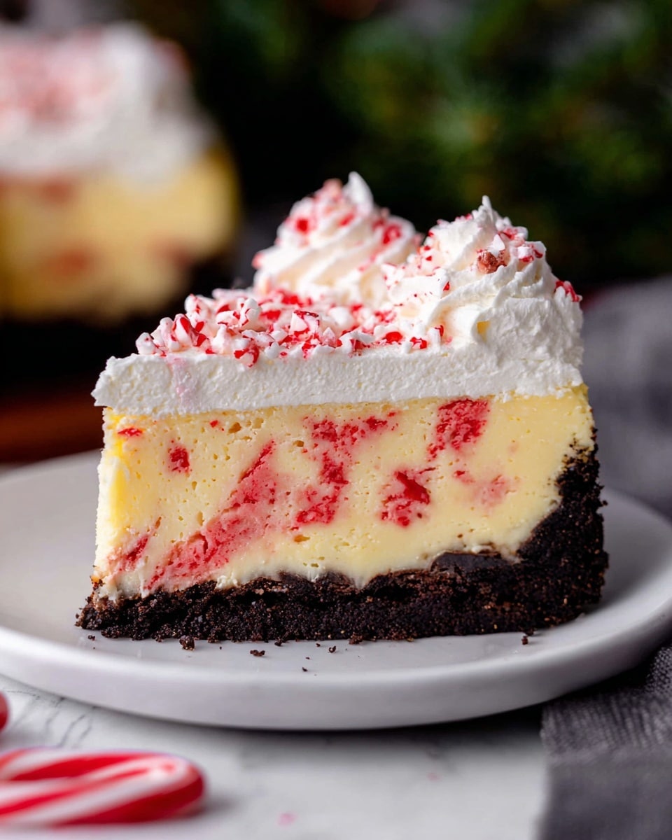 The image shows a close-up side view of a three-layered cheesecake on a white plate. The bottom layer is a dark, crumbly chocolate crust. The middle layer is a creamy, pale yellow cheesecake with bright red swirls mixed throughout. The top layer is a thick, smooth white whipped cream spread evenly, sprinkled with small pieces of crushed red and white candy. The background has a white marbled surface with some blurry green foliage on the left side. In the front, there are red and white candy canes slightly out of focus. Photo taken with an iphone --ar 4:5 --v 7
