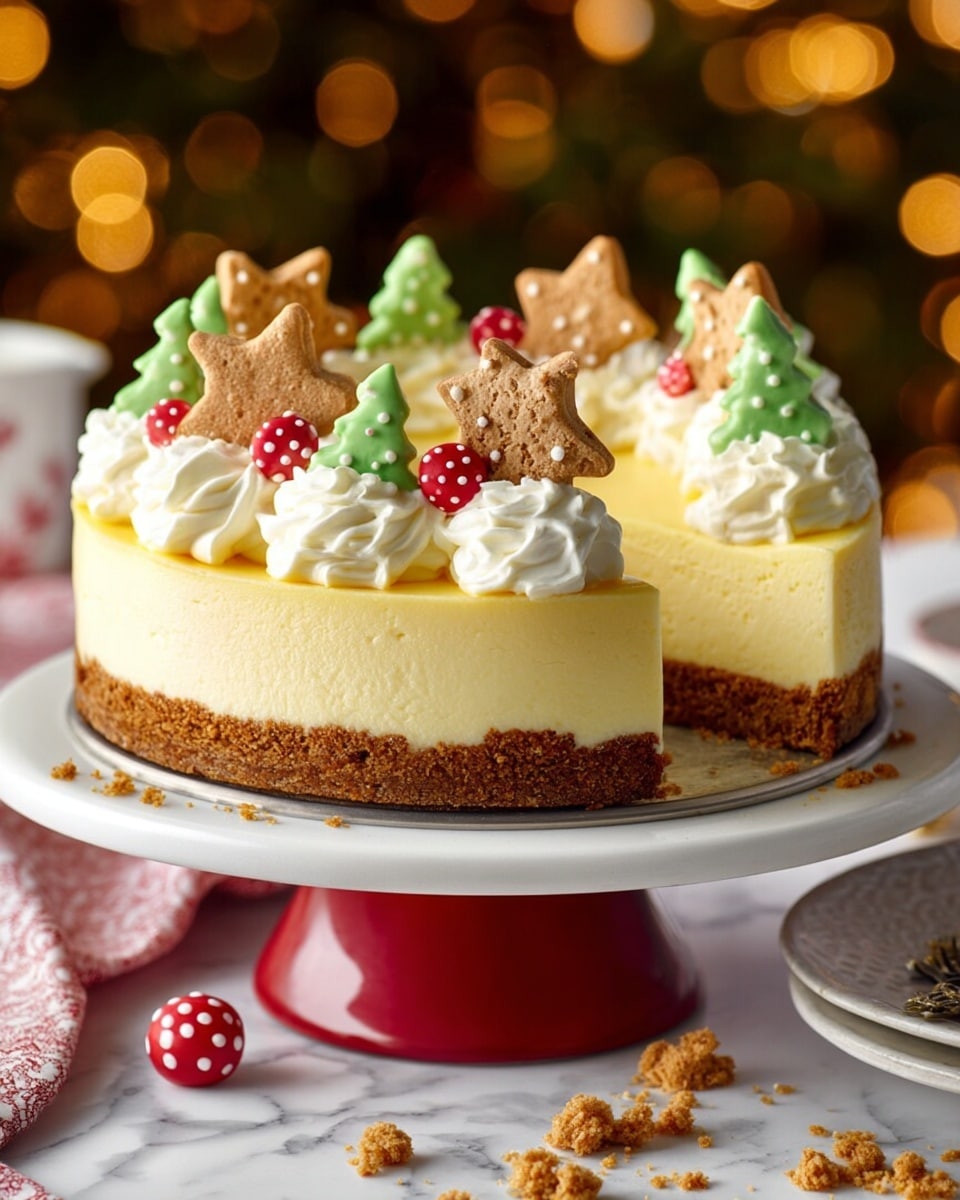 A cheesecake with two clear layers, a darker brown crumbly base and a smooth pale yellow creamy top, stands on a white cake stand with a red stem. The top edge is decorated with white swirls of whipped cream, green icing shaped like Christmas trees, and beige star-shaped cookies. Red and white round candy balls are also placed on top, adding small pops of color. Crumbs are scattered around the base on the white marbled surface, and a silver spoon with a white and red striped cloth lies beside it. The background is blurred with warm yellow and red Christmas lights creating a cozy festive vibe. Photo taken with an iphone --ar 4:5 --v 7