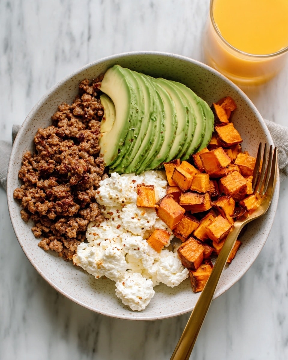 The image shows a white bowl with four main layers arranged side by side: soft crumbled white cottage cheese on the top right, bright orange roasted sweet potato cubes on the bottom right, dark brown seasoned ground beef on the bottom left, and thinly sliced light green avocado fanned out on the top left. A drizzle of dark sauce runs over the avocado slices. A brass spoon rests inside the bowl on the right side. The bowl sits on a white marbled surface, and a glass of light orange juice is partially visible behind it. Photo taken with an iphone --ar 4:5 --v 7
