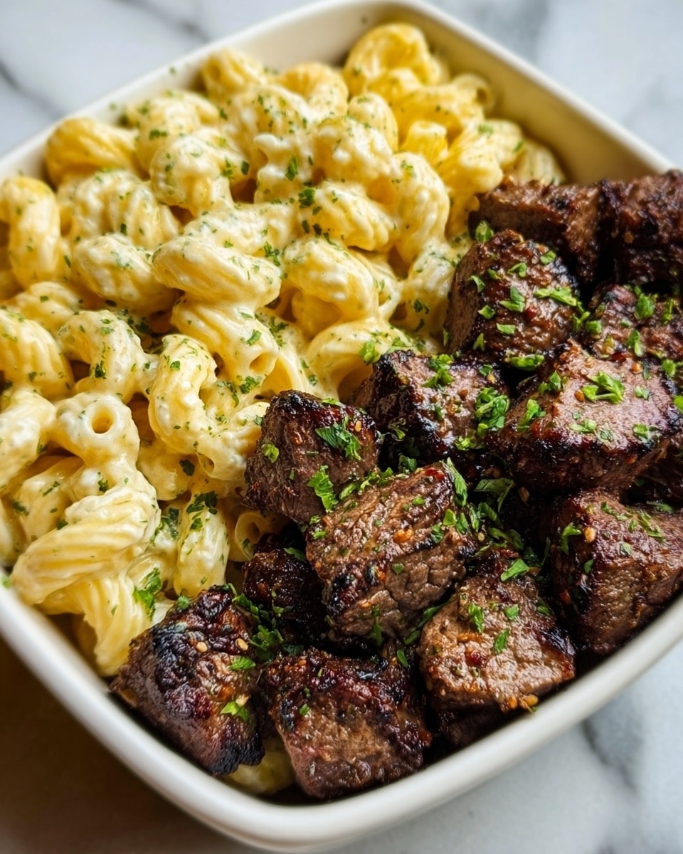 A white square plate holds two main layers: on the left, golden yellow shell pasta coated in creamy cheese sauce with small green herb sprinkles on top, textured softly and piled thickly; on the right, dark brown grilled steak pieces with visible char marks, arranged close together, also garnished with small green herbs. The plate rests on a white marbled surface. photo taken with an iphone --ar 4:5 --v 7