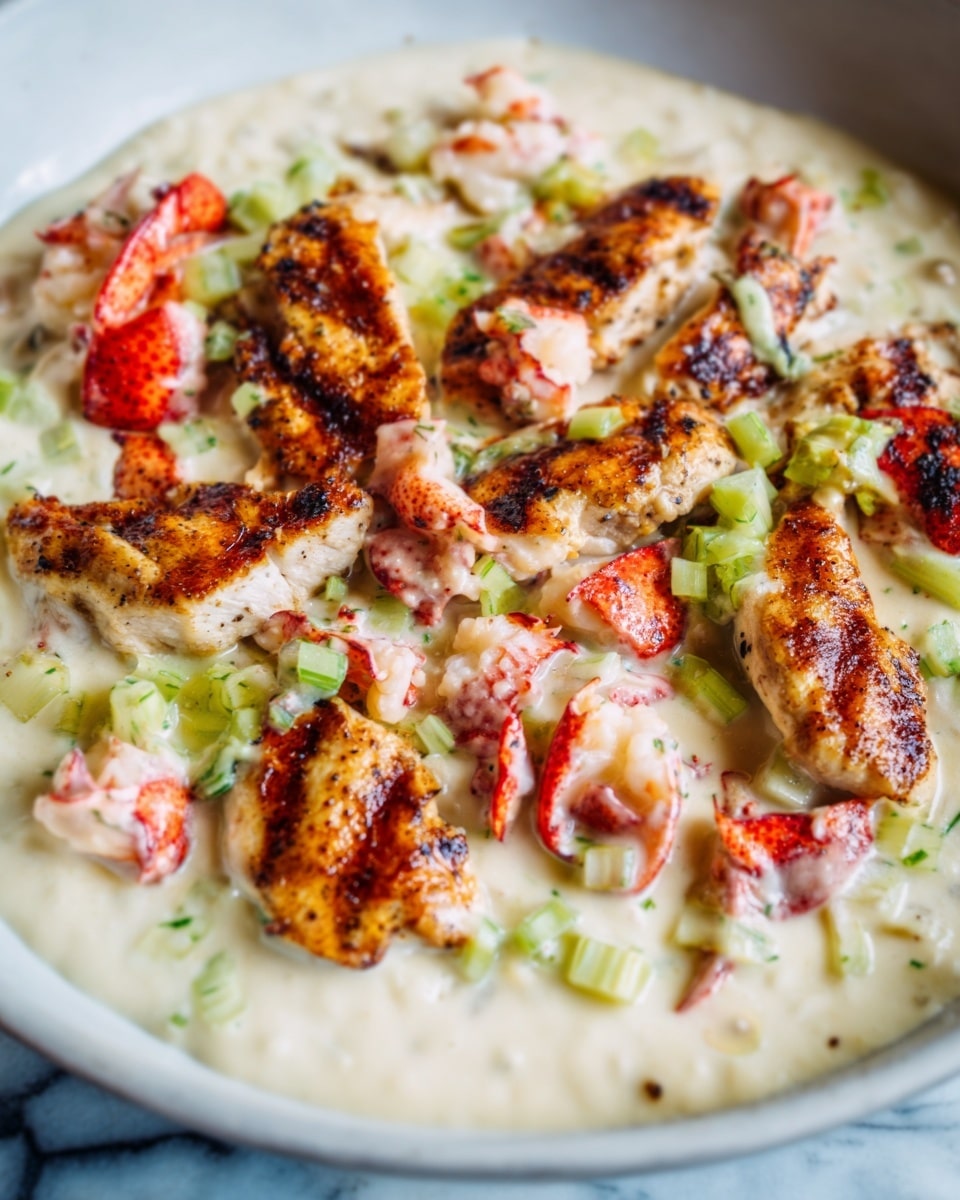 A close-up of a creamy dish showing several pieces of brown grilled chicken with visible char marks, layered with small bright green chopped parts that look like leeks or green onions. There are chunks of light red lobster meat scattered on top of the chicken, all covered in a thick, light cream sauce. The food sits on a white plate against a white marbled background, with a woman's hand gently holding the plate from the side. The overall look is rich and fresh with a mix of textures from tender meat to smooth sauce. photo taken with an iphone --ar 4:5 --v 7