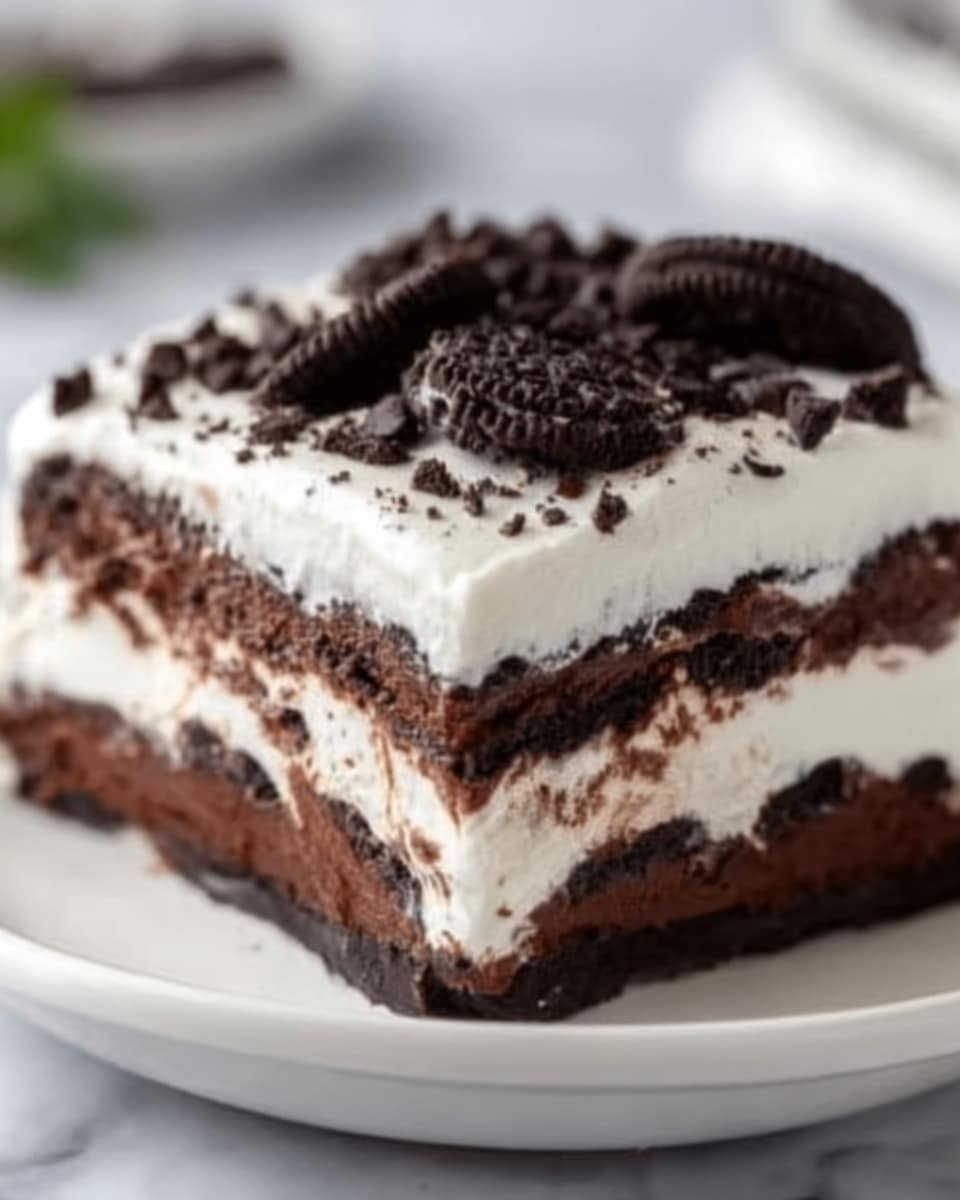 The dish is a multi-layered dessert on a white round plate sitting on a white marbled surface. It has three main layers: the bottom layer is dark chocolate with a smooth texture, the middle layer is creamy white, and the top layer is also dark chocolate. The dessert is covered with a thick layer of white whipped cream and sprinkled with broken pieces of chocolate cookies all over the top. The sides show clear, even layers that contrast between dark brown and white. photo taken with an iphone --ar 4:5 --v 7