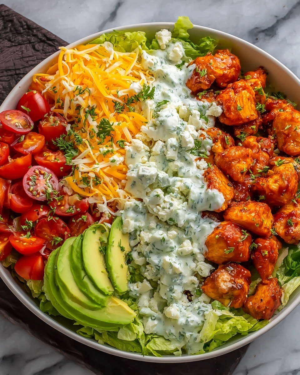 This dish is served in a deep white bowl and has five main layers arranged side by side over a base of chopped green lettuce. On the left, there are fresh red cherry tomato halves, then slices of light green avocado sprinkled with chopped herbs. Next is a layer of shredded bright orange cheddar cheese. In the middle, there is a generous amount of white creamy sauce with green dill mixed in, topped with crumbled white cheese. On the right side, there are pieces of orange-red glazed chicken, cooked with a slightly shiny texture. The bowl sits on a white marbled surface. photo taken with an iphone --ar 4:5 --v 7